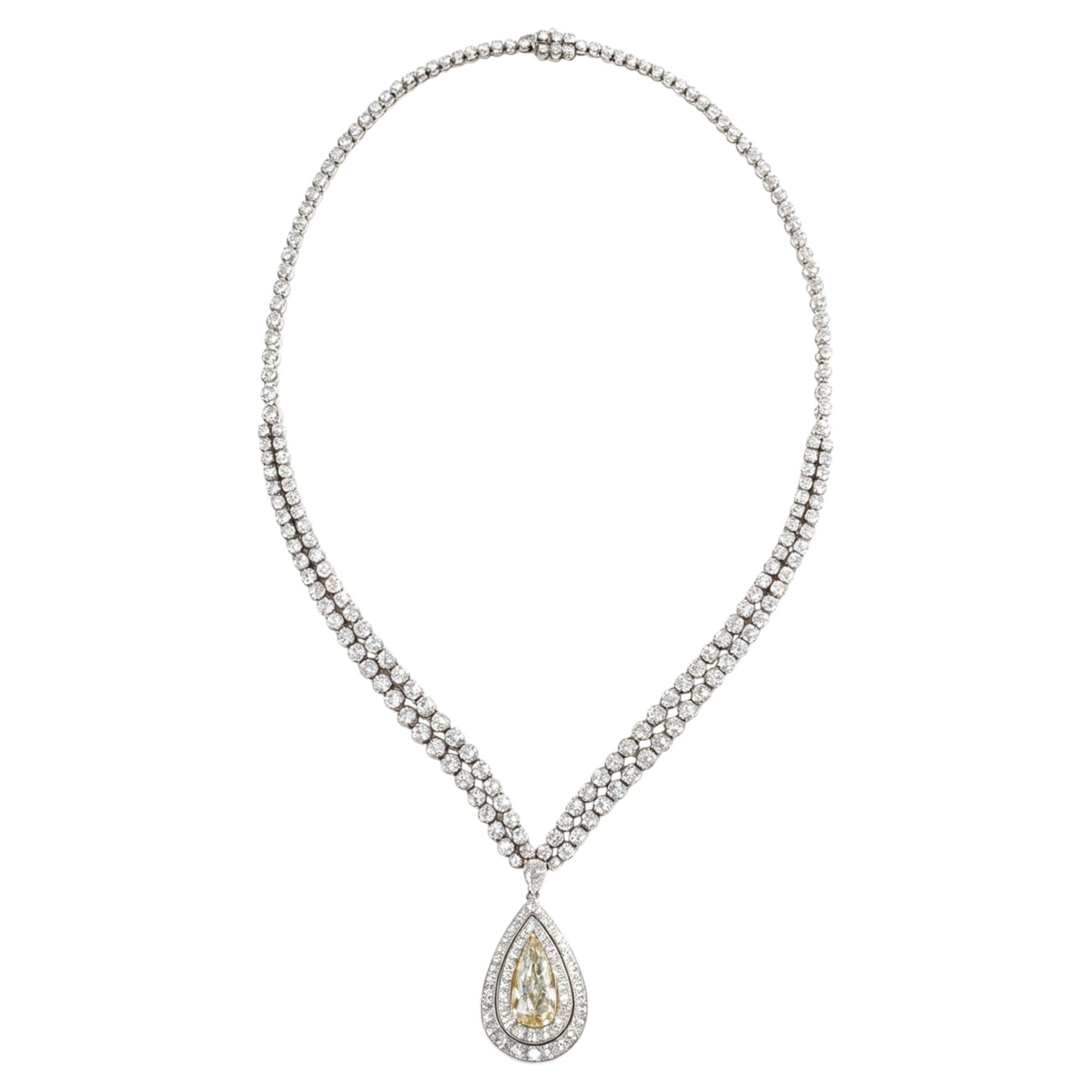 18K White Gold Necklace with 5.16 Carat Fancy Yellow Diamond Pendant AIG Cert.