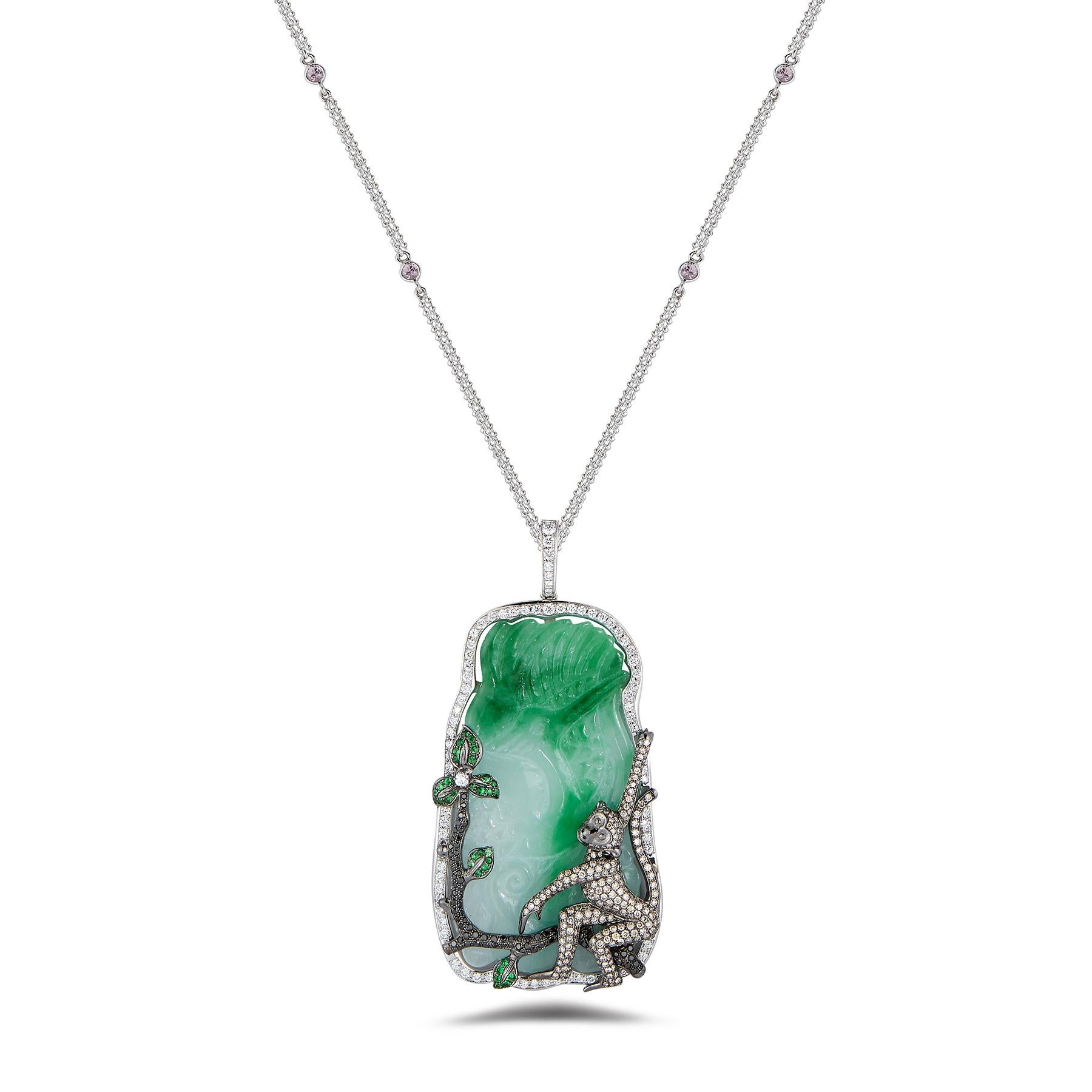 Unique and Lovely 18K White Gold Necklace with Jade Pendant surrounded by Diamonds, embellished with a black-fancy Diamond & Tanzanite branch and Diamond-encrusted Monkey. Necklace and Pendant covered in over 185 Diamonds and Gems. 