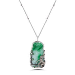 18 Karat White Gold Necklace with Diamond-Encrusted Monkey on Jade Pendant