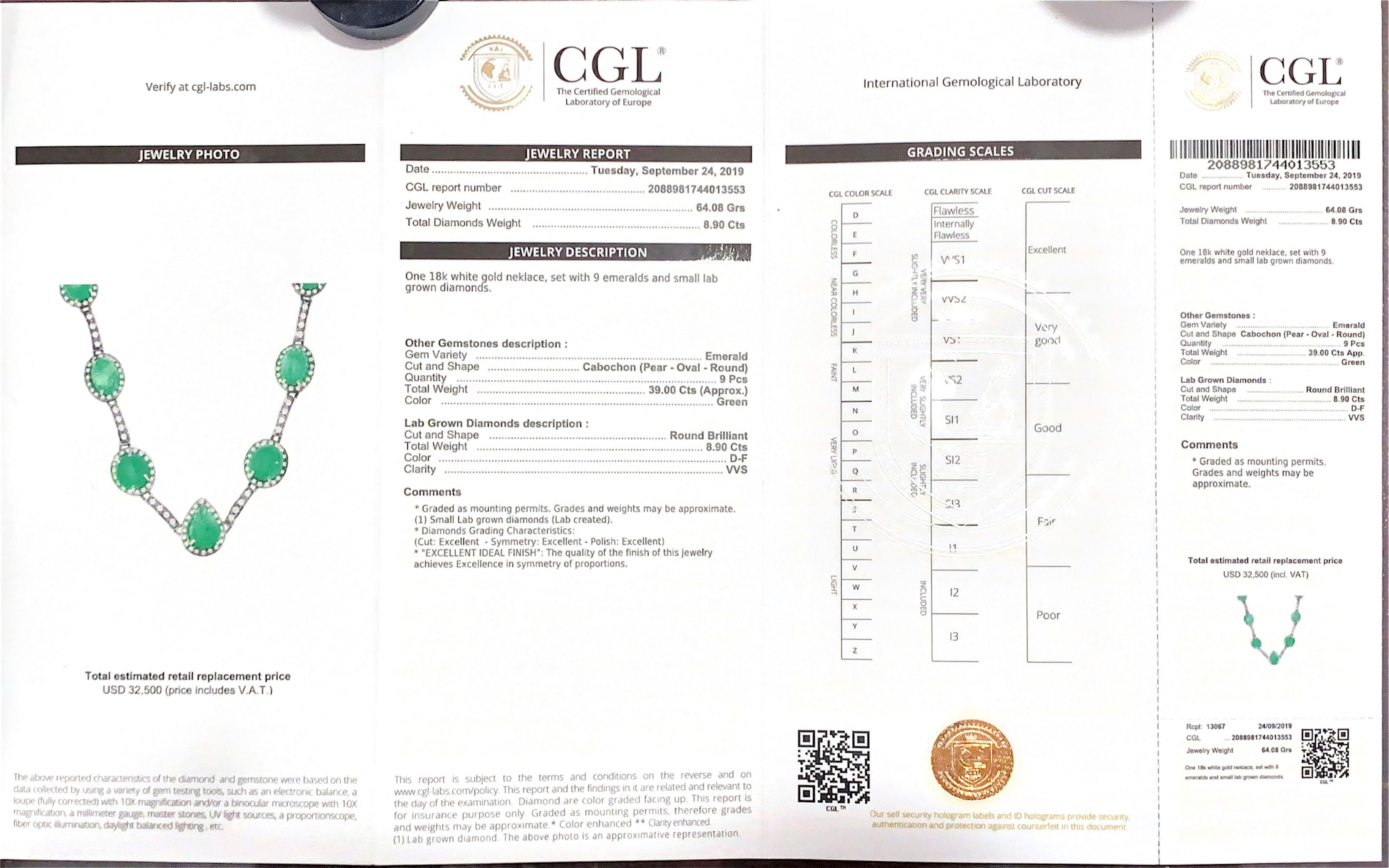 18 Karat White Gold Necklace with Emeralds and Diamonds Certified In Excellent Condition For Sale In Tel Aviv, IL