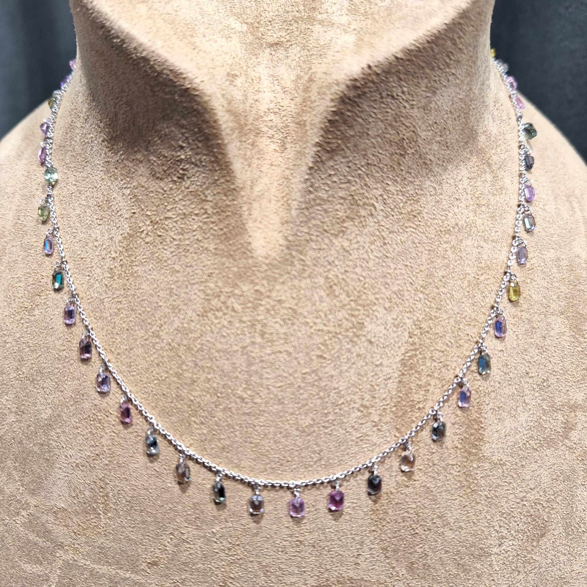 18K White Gold Necklace with Multi-Color Sapphire

Sapphires symbolize wisdom, loyalty, insight, and faithfulness, also thought to promote a strong mind and give motivation.

The necklace setting with multi-color sapphire total weight 9.20ct, made