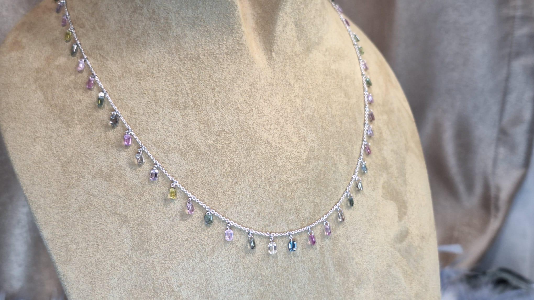 Modern 18K White Gold Necklace with Multi-Color Sapphire For Sale