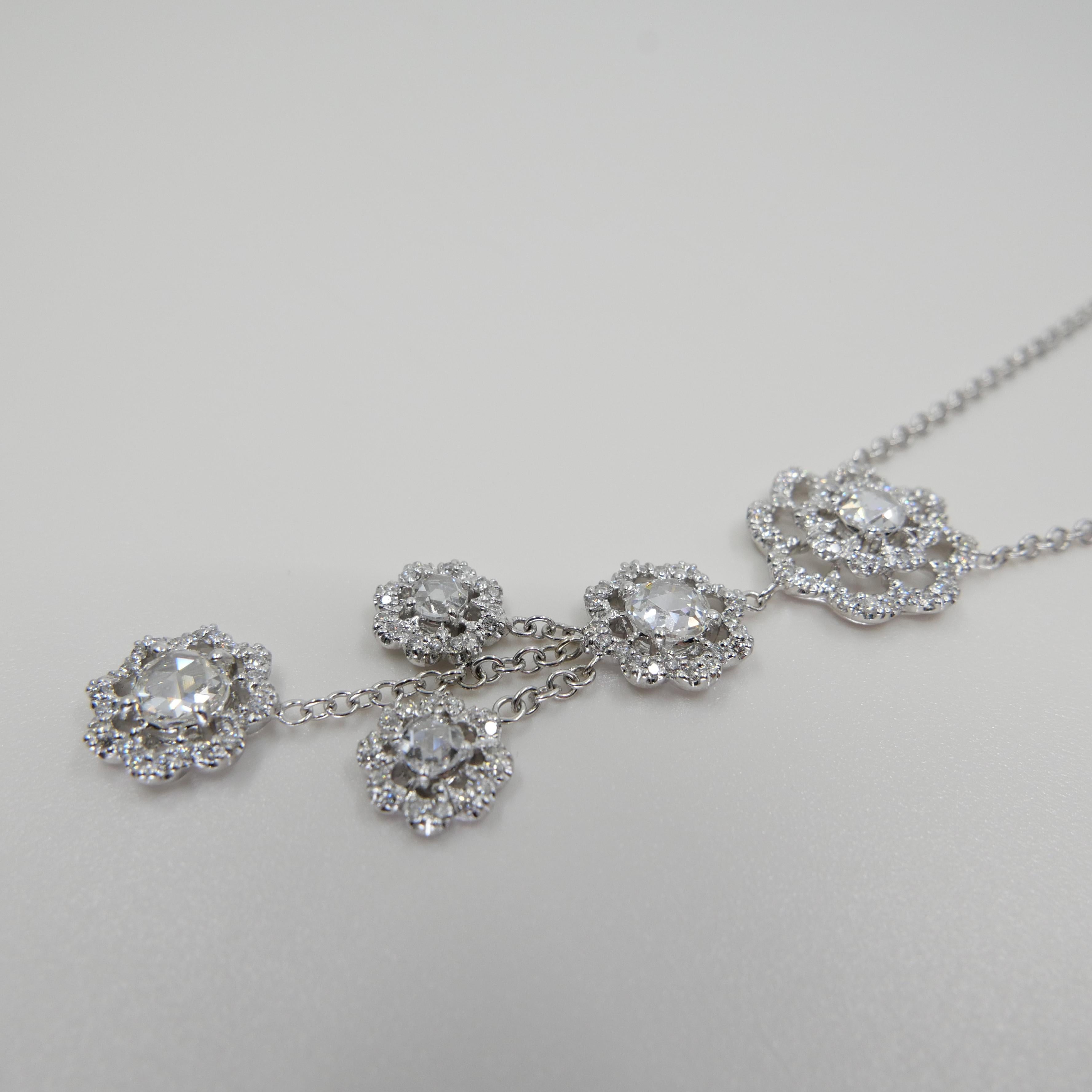 18K White Gold New Rose Cut Diamonds Flower Motif Drop Pendant Necklace For Sale 7