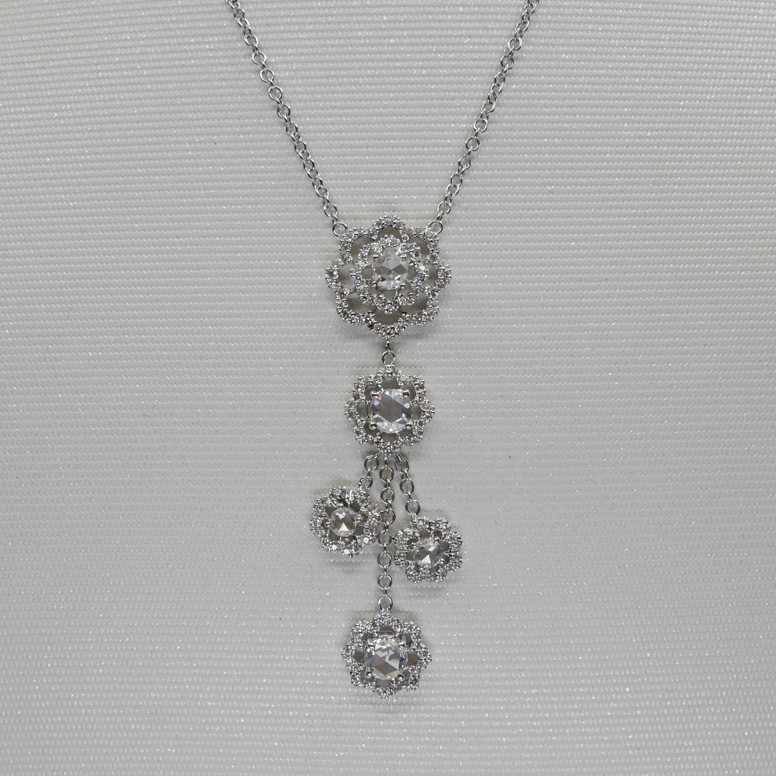 18K White Gold New Rose Cut Diamonds Flower Motif Drop Pendant Necklace For Sale 8