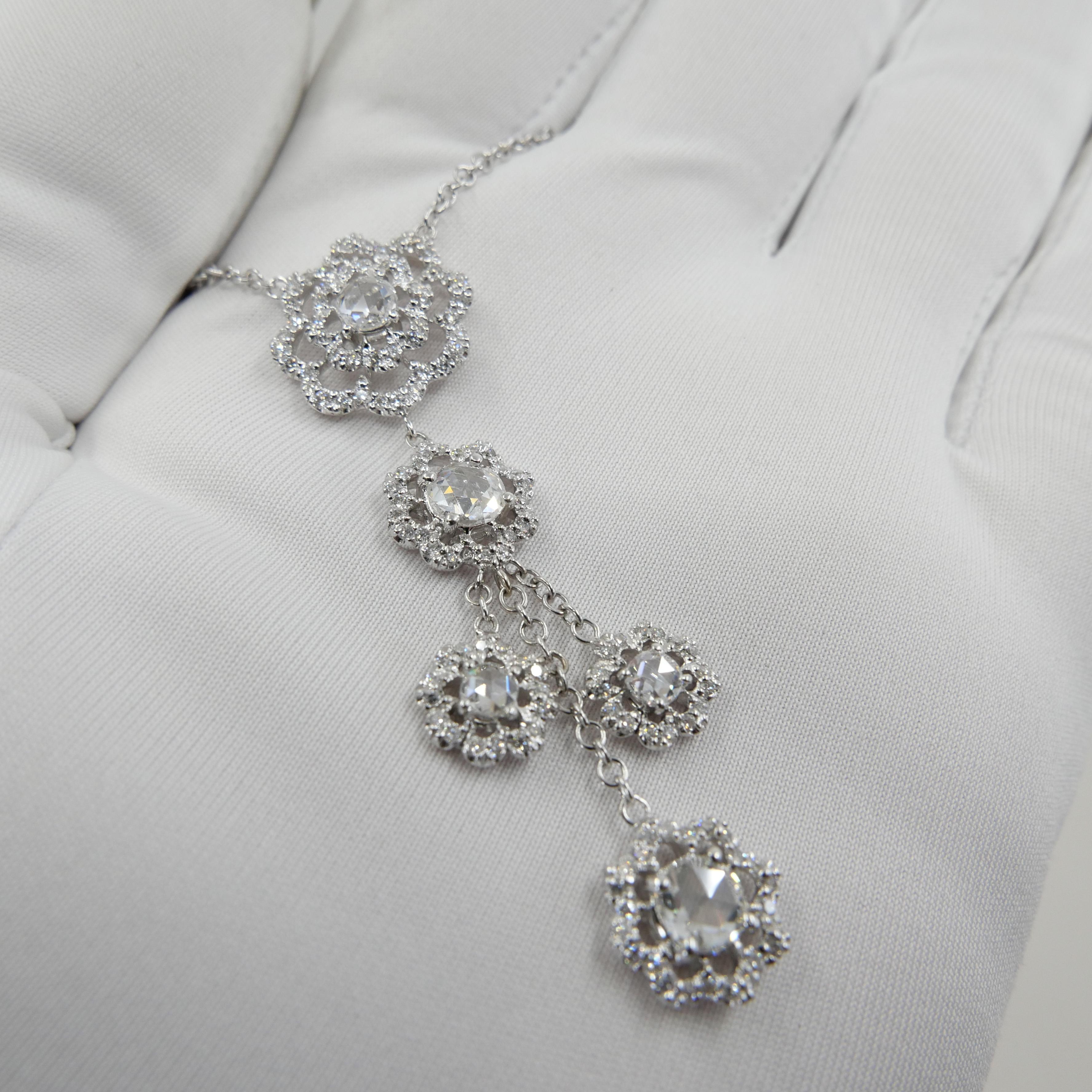18K White Gold New Rose Cut Diamonds Flower Motif Drop Pendant Necklace For Sale 9