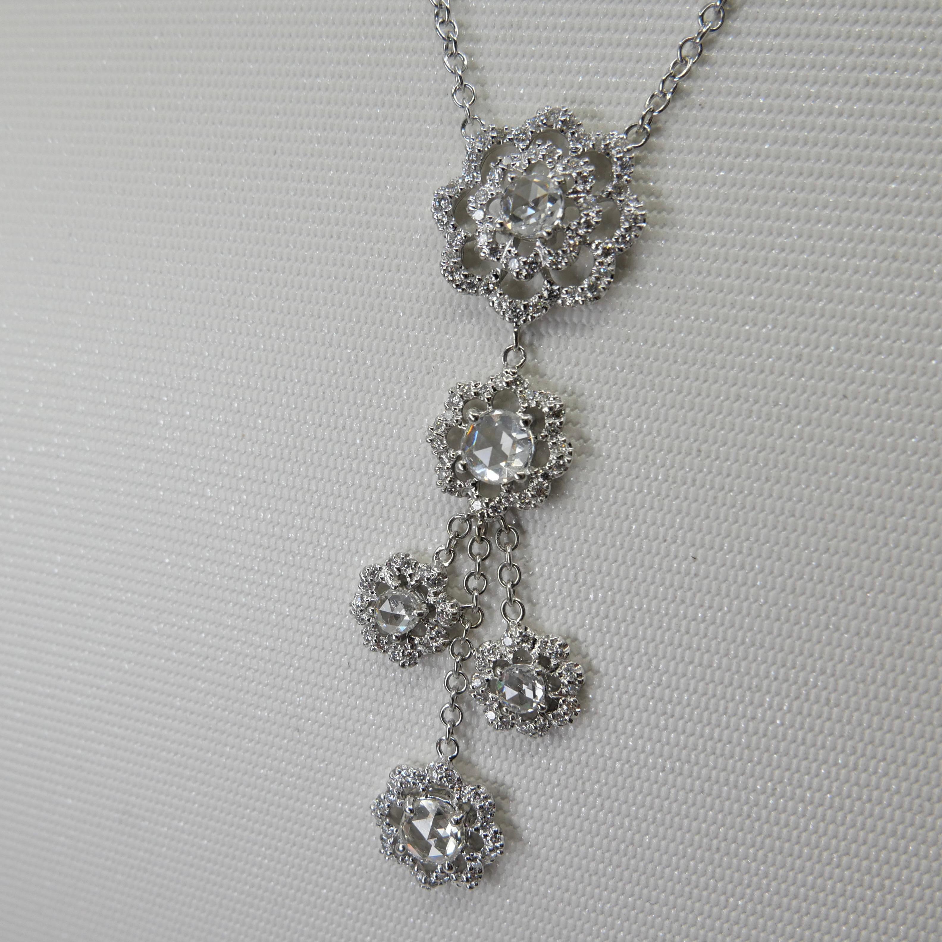 18K White Gold New Rose Cut Diamonds Flower Motif Drop Pendant Necklace For Sale 10