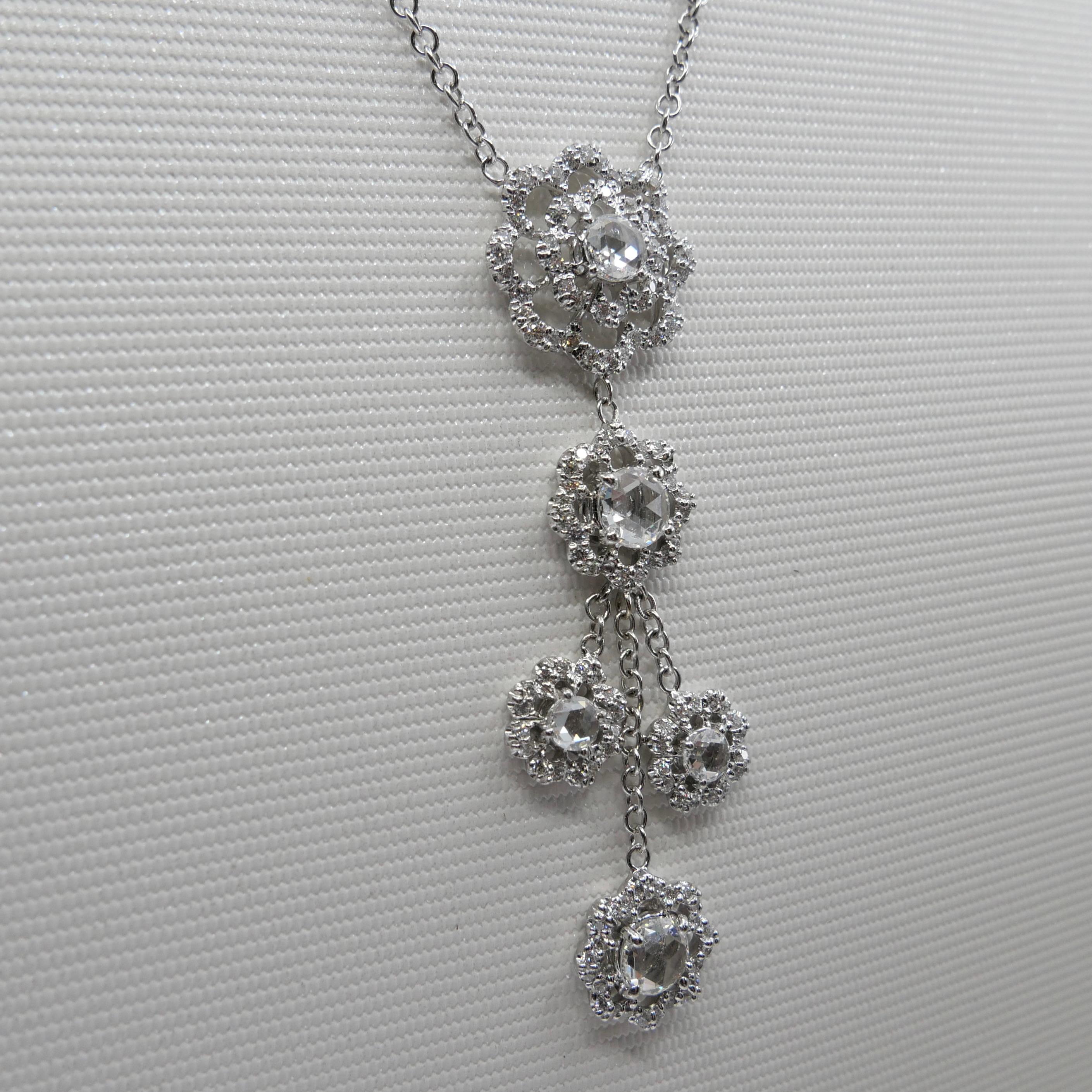 18K White Gold New Rose Cut Diamonds Flower Motif Drop Pendant Necklace For Sale 11