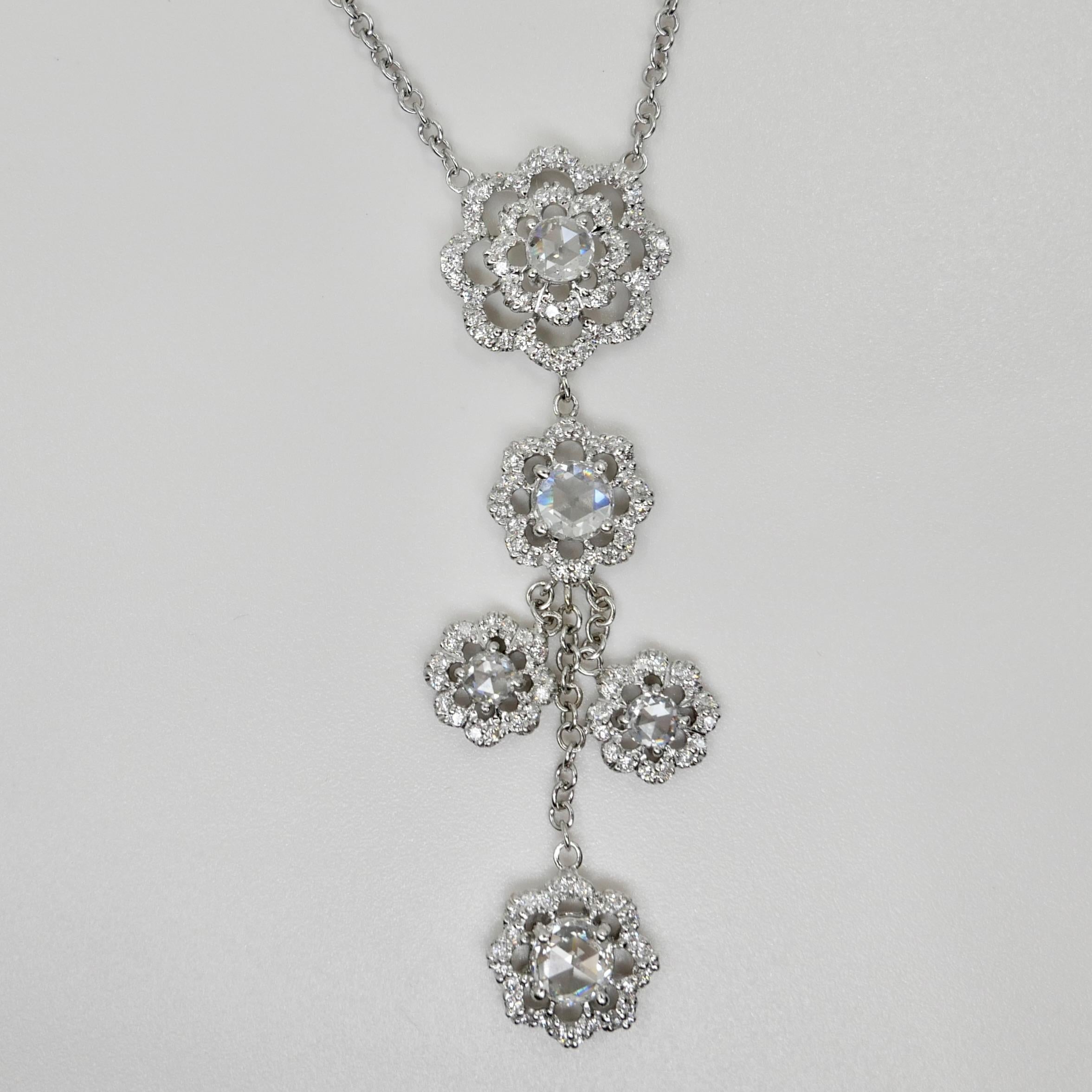 18K White Gold New Rose Cut Diamonds Flower Motif Drop Pendant Necklace For Sale 12