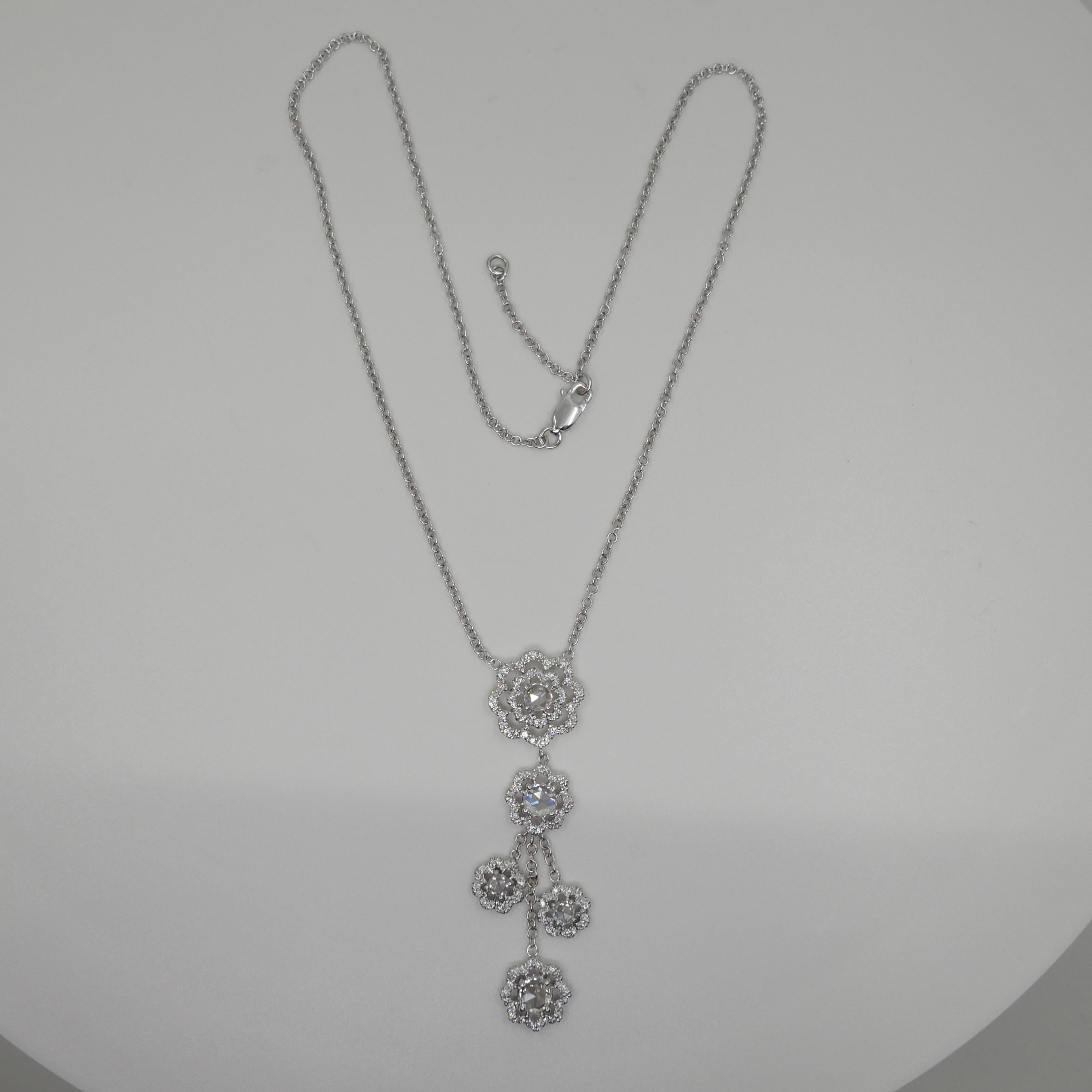 Women's 18K White Gold New Rose Cut Diamonds Flower Motif Drop Pendant Necklace For Sale