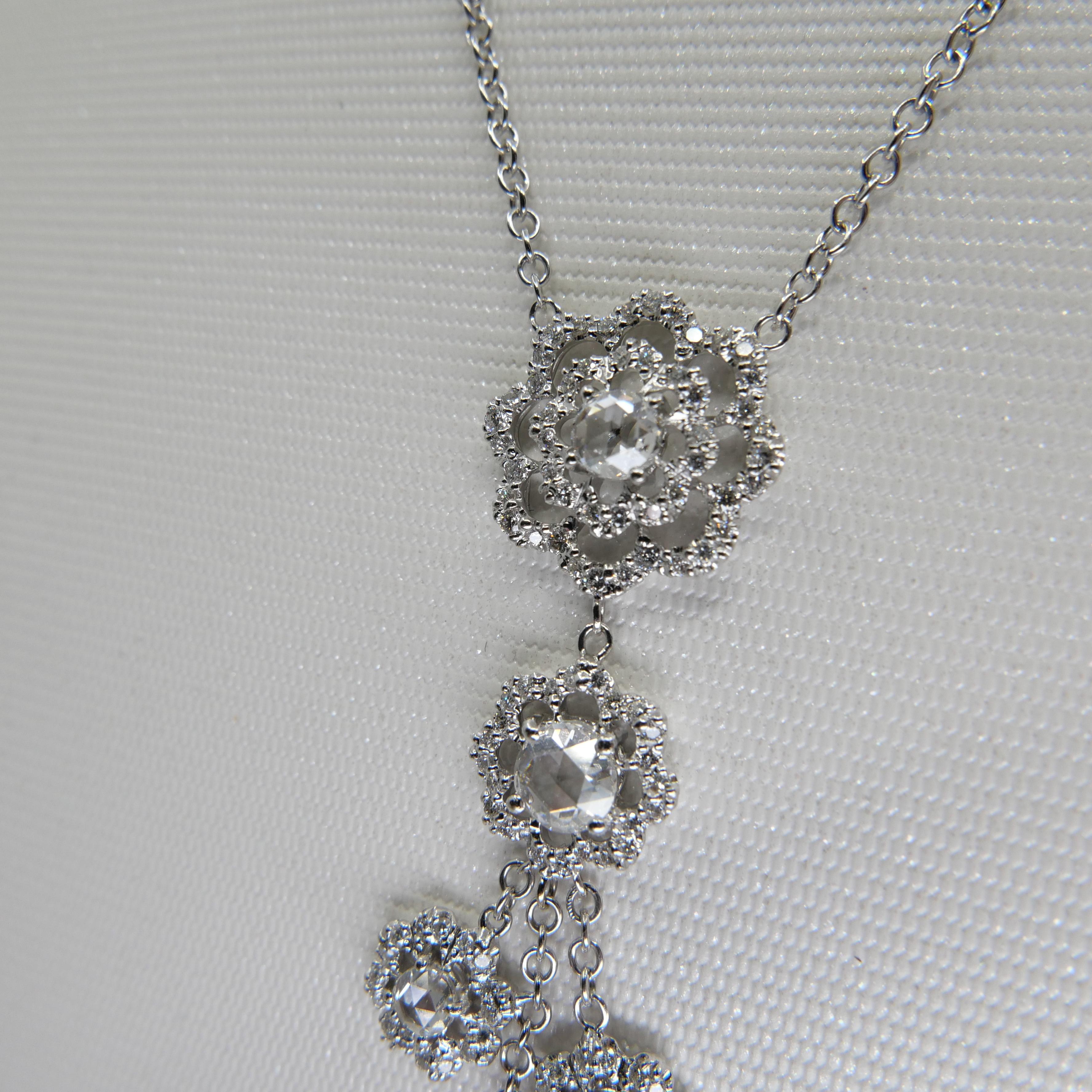 18K White Gold New Rose Cut Diamonds Flower Motif Drop Pendant Necklace For Sale 1