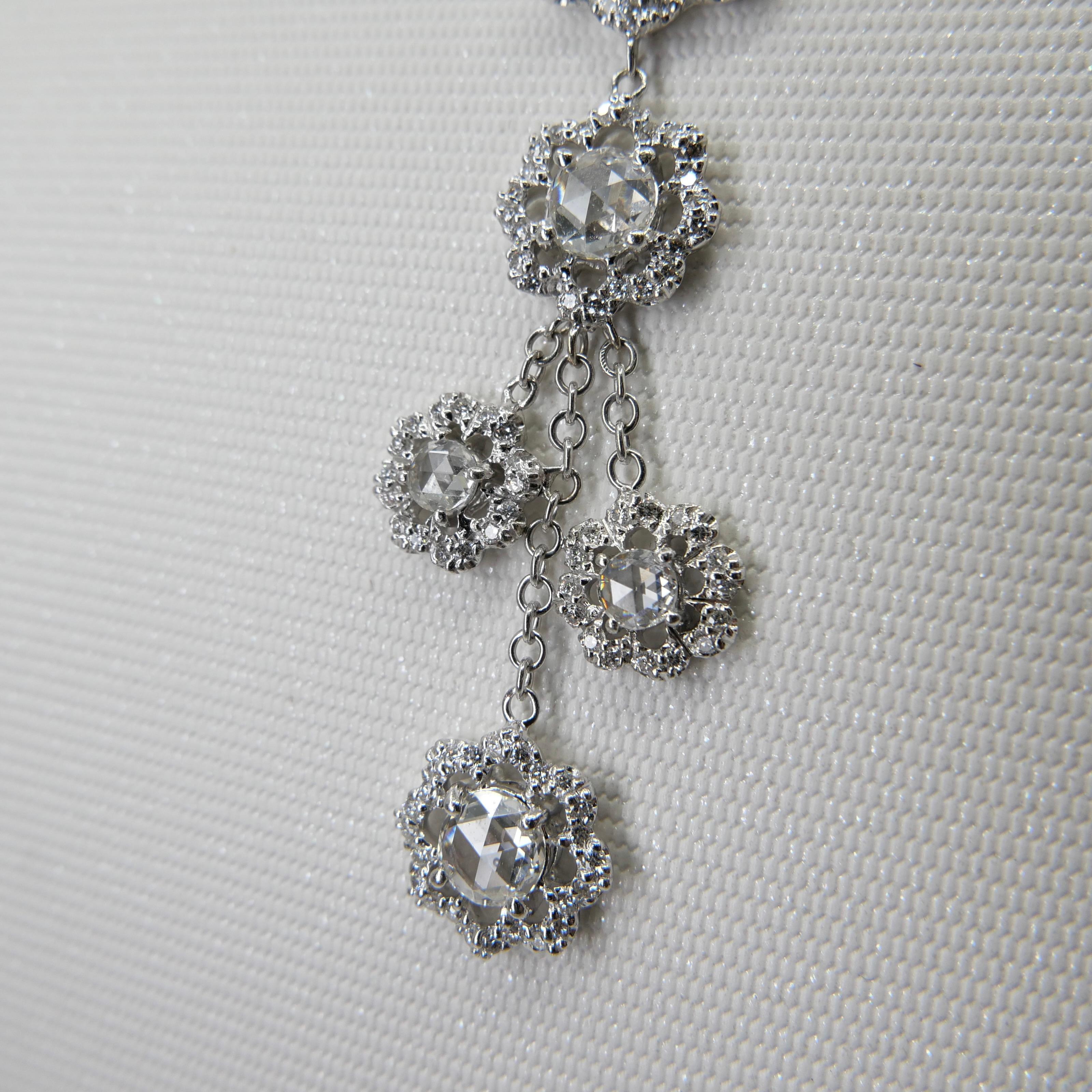 18K White Gold New Rose Cut Diamonds Flower Motif Drop Pendant Necklace For Sale 2