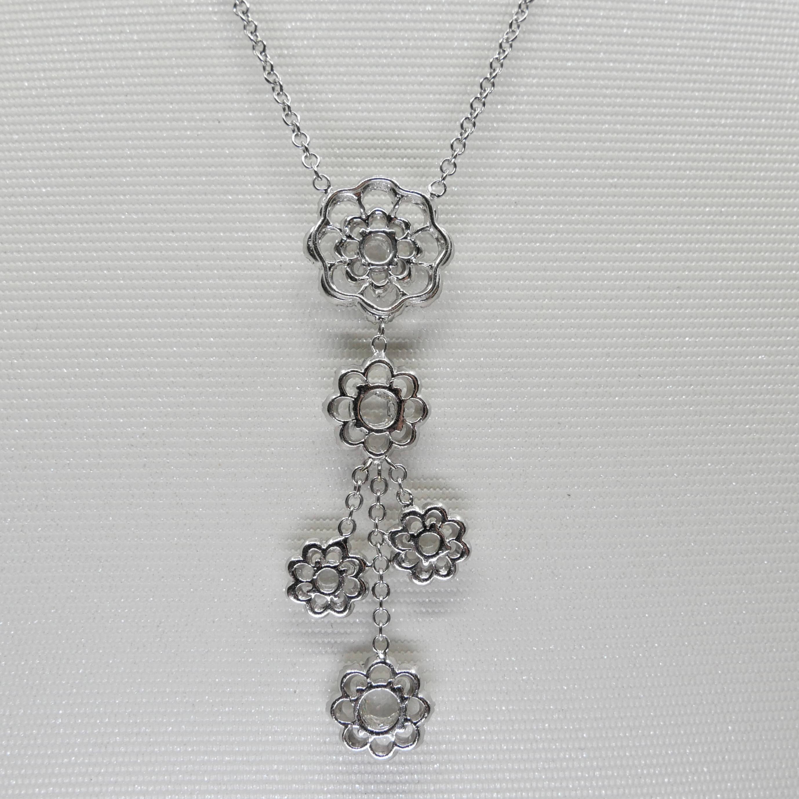 18K White Gold New Rose Cut Diamonds Flower Motif Drop Pendant Necklace For Sale 3