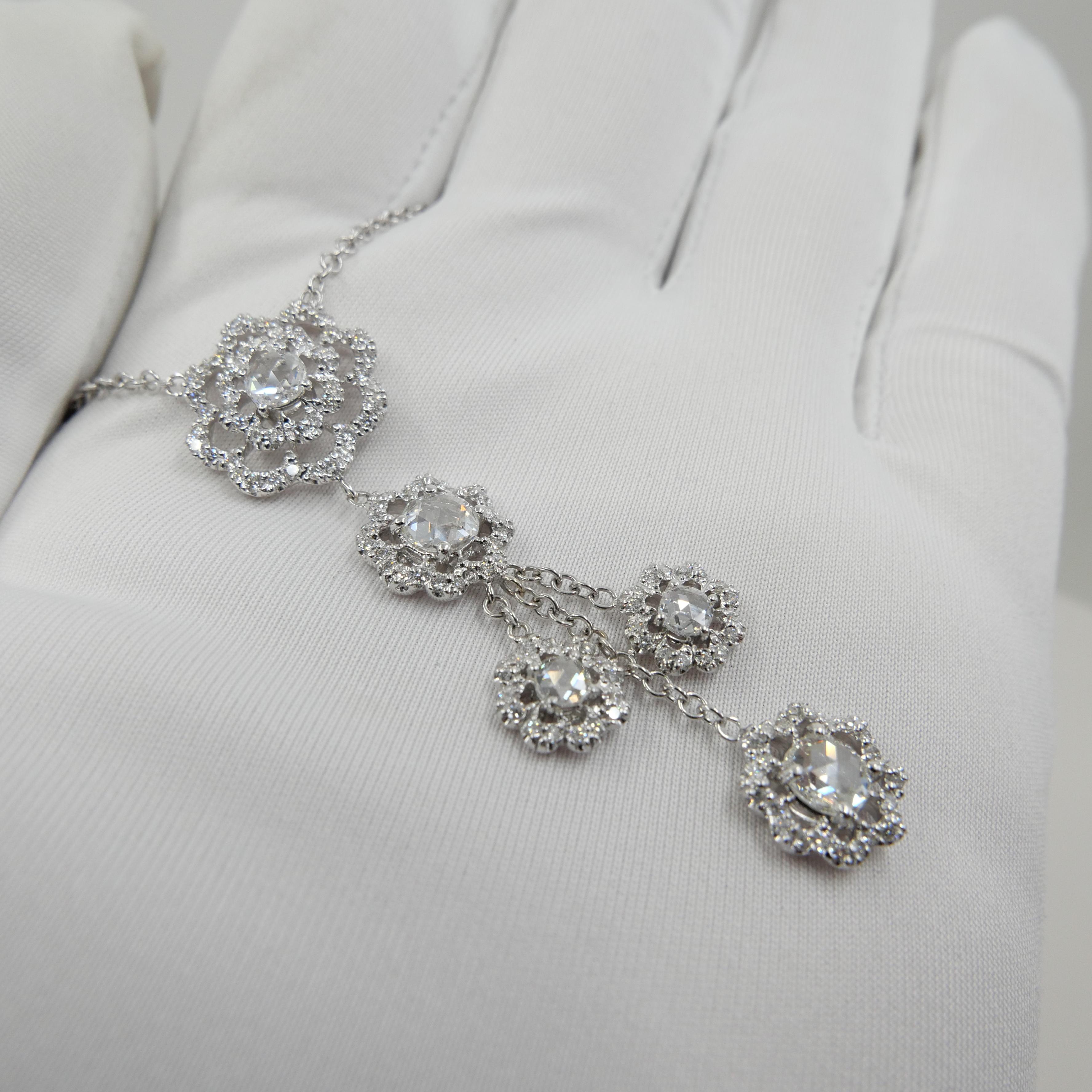 18K White Gold New Rose Cut Diamonds Flower Motif Drop Pendant Necklace For Sale 4