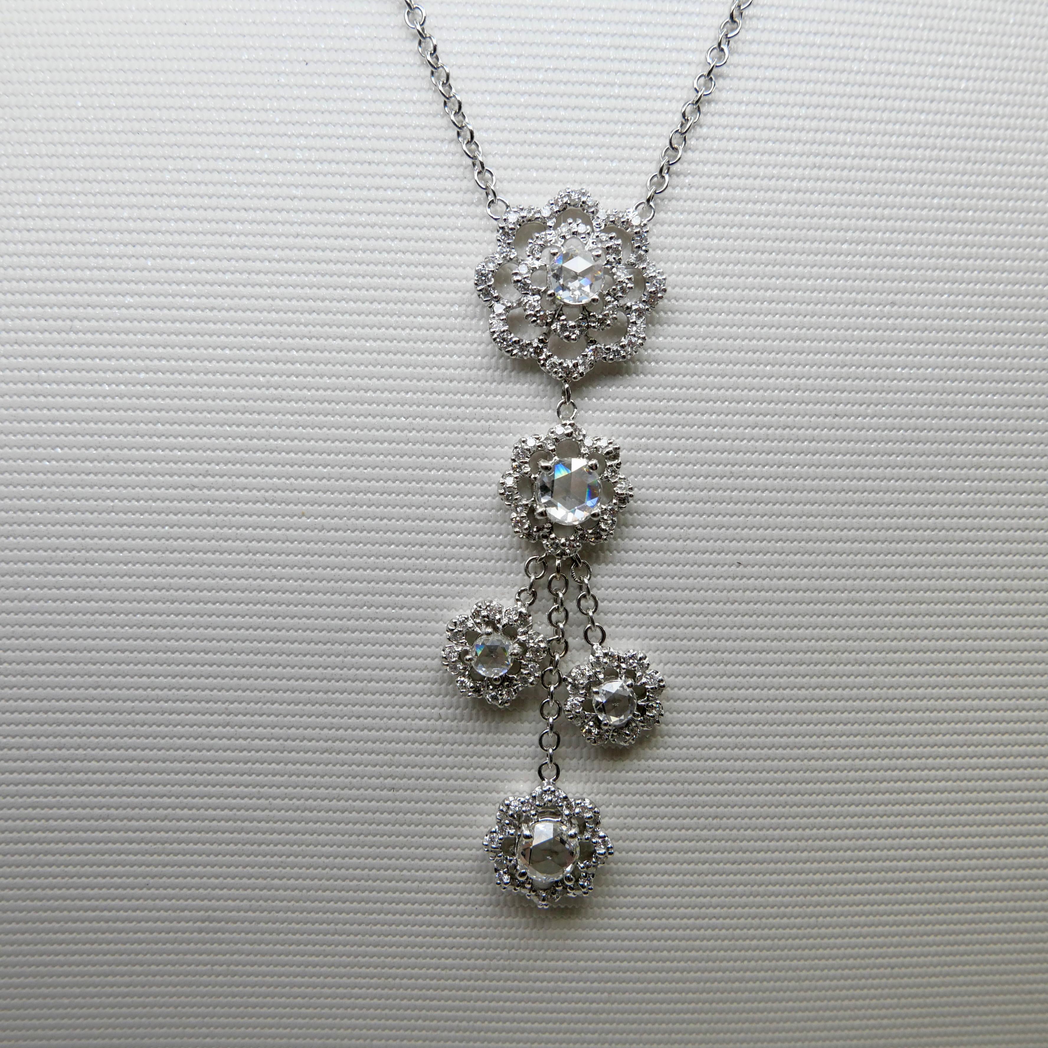 18K White Gold New Rose Cut Diamonds Flower Motif Drop Pendant Necklace For Sale 5
