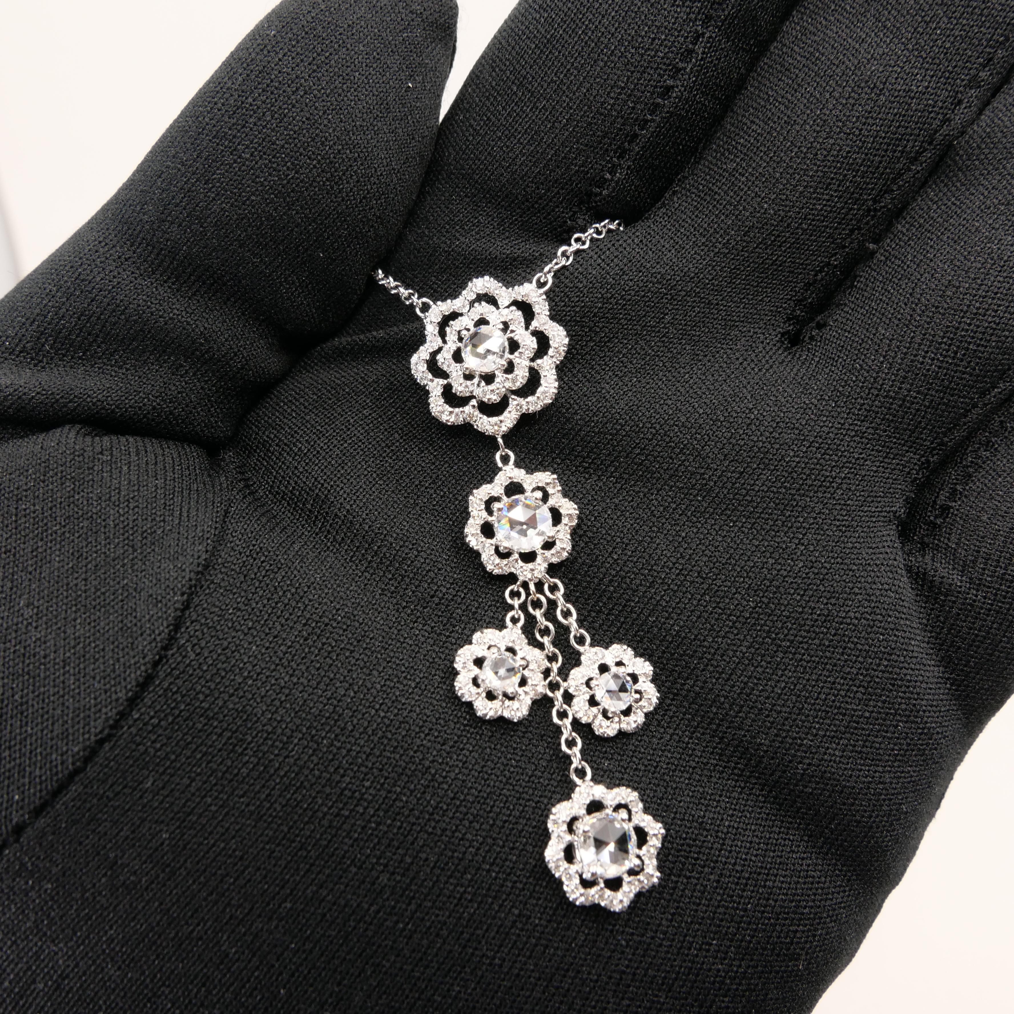 18K White Gold New Rose Cut Diamonds Flower Motif Drop Pendant Necklace For Sale 6