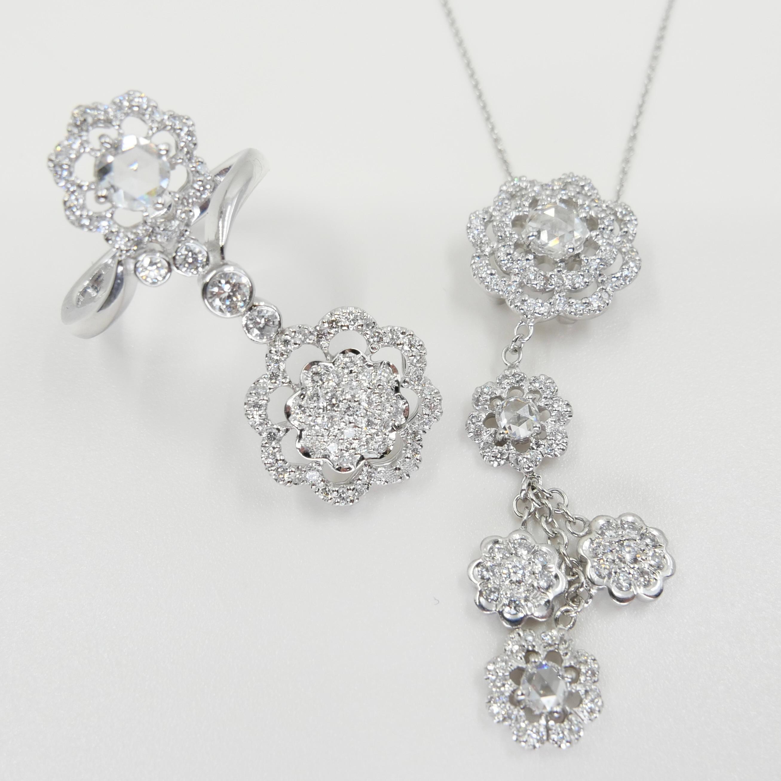 18K White Gold New Rose Cut Diamonds Flower Motif Pendant and Ring Set For Sale 6