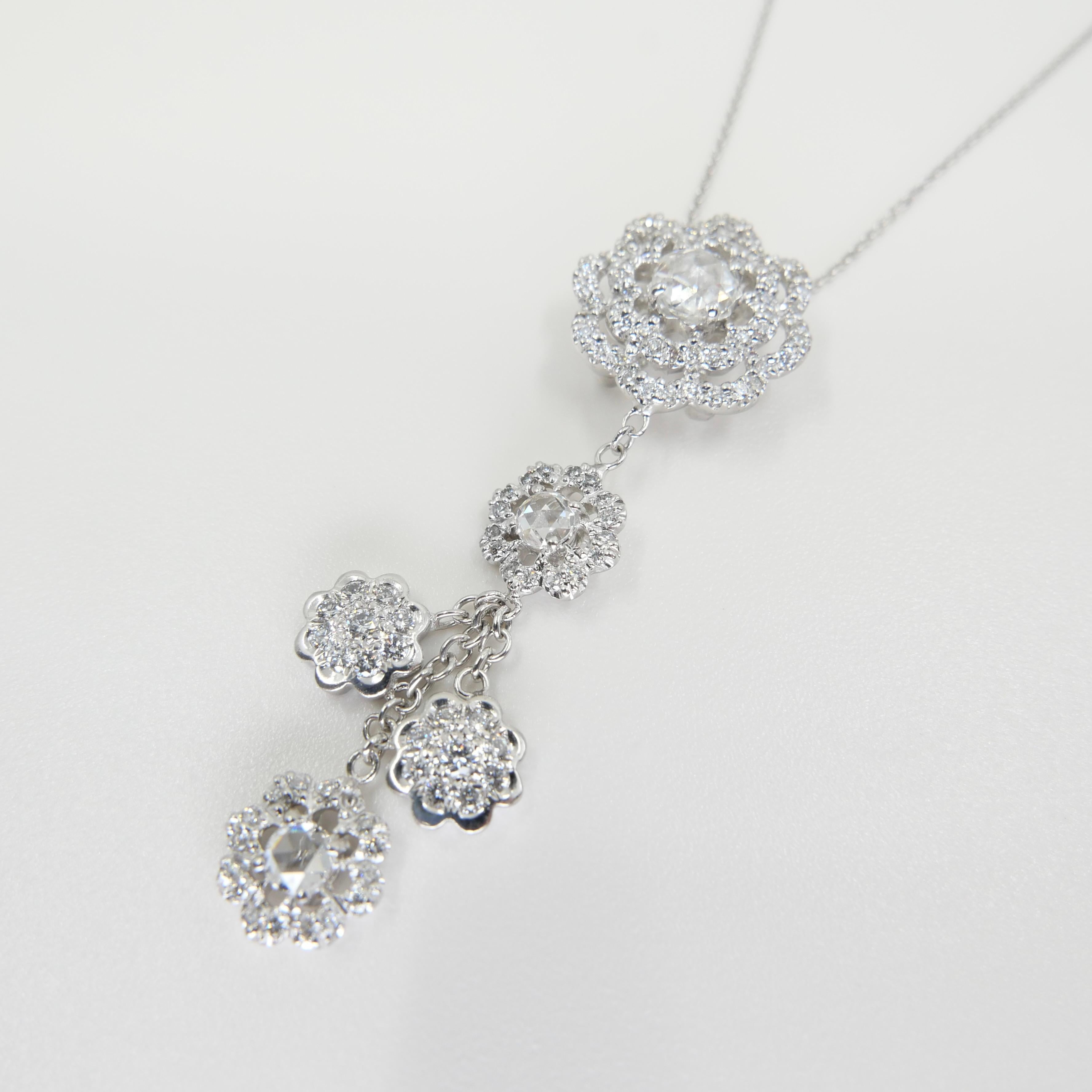 18K White Gold New Rose Cut Diamonds Flower Motif Pendant and Ring Set For Sale 7