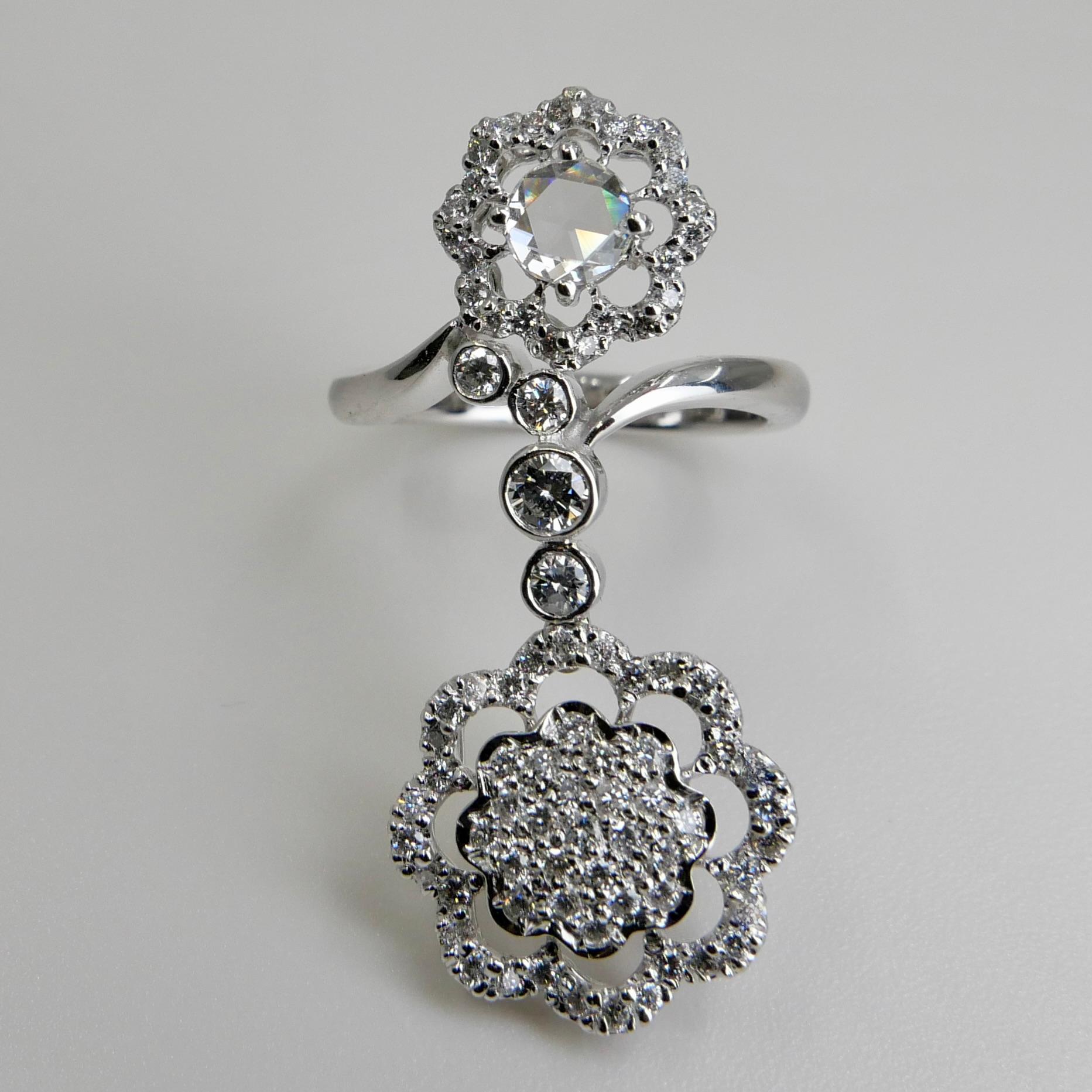 18K White Gold New Rose Cut Diamonds Flower Motif Pendant and Ring Set For Sale 8