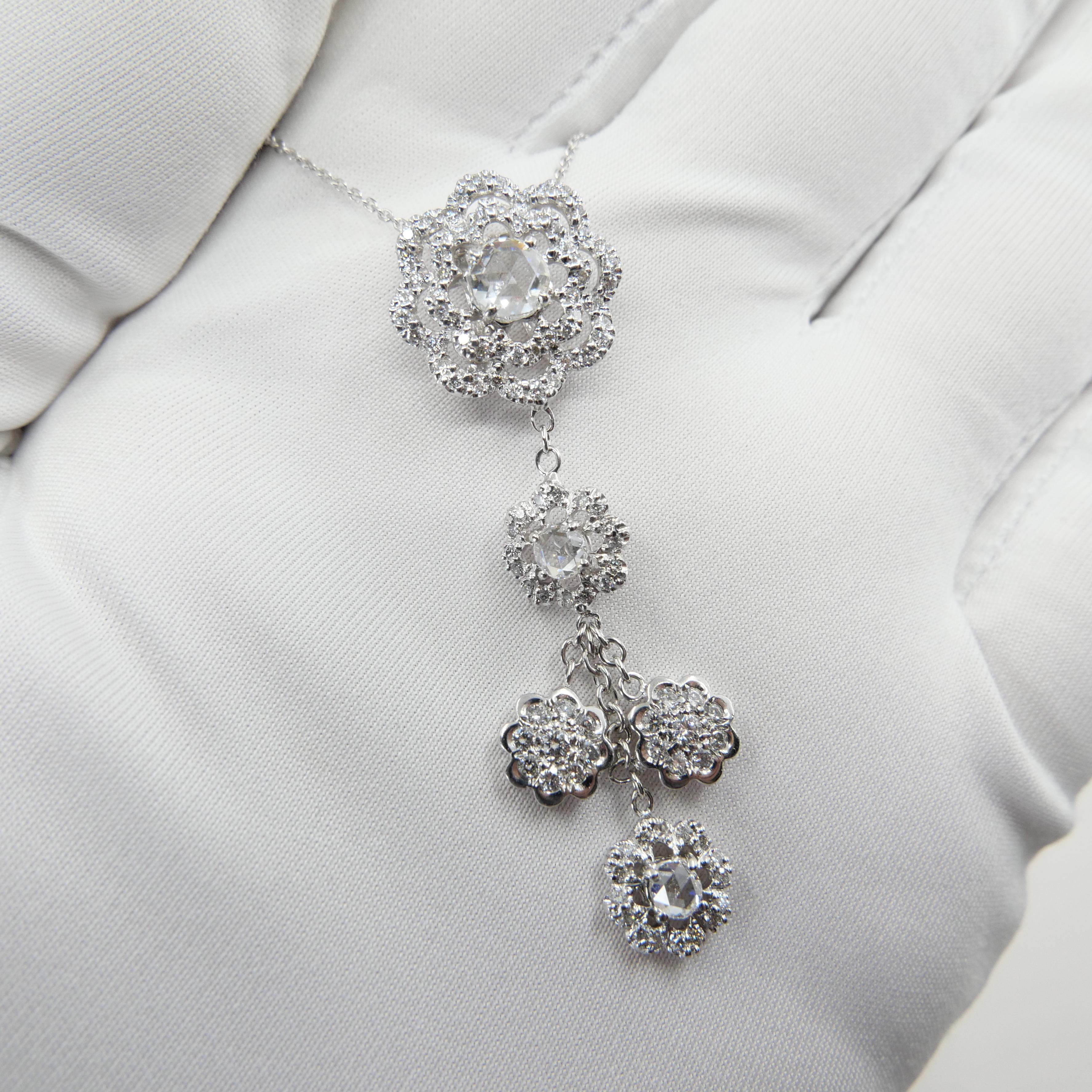 18K White Gold New Rose Cut Diamonds Flower Motif Pendant and Ring Set For Sale 9