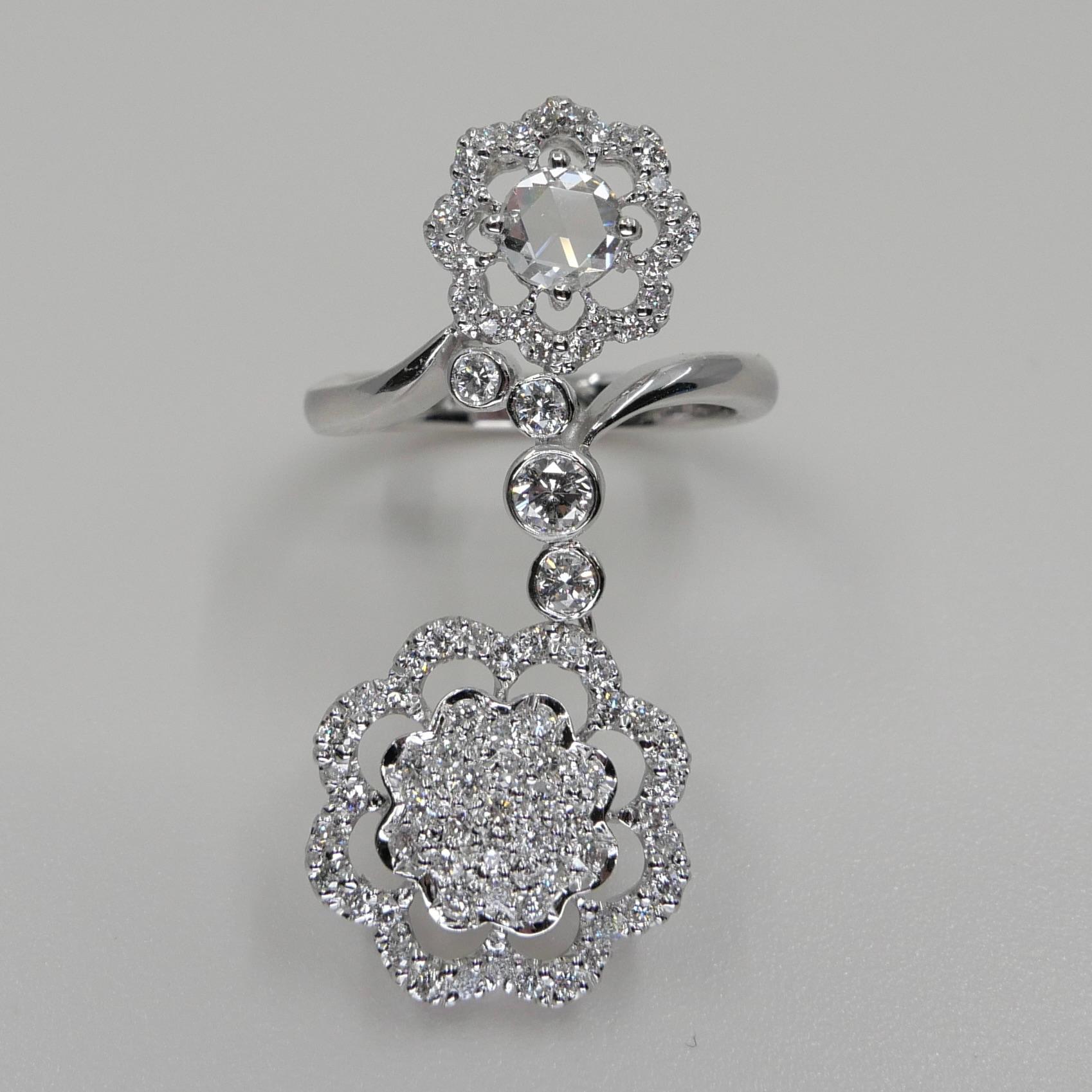 18K White Gold New Rose Cut Diamonds Flower Motif Pendant and Ring Set For Sale 10