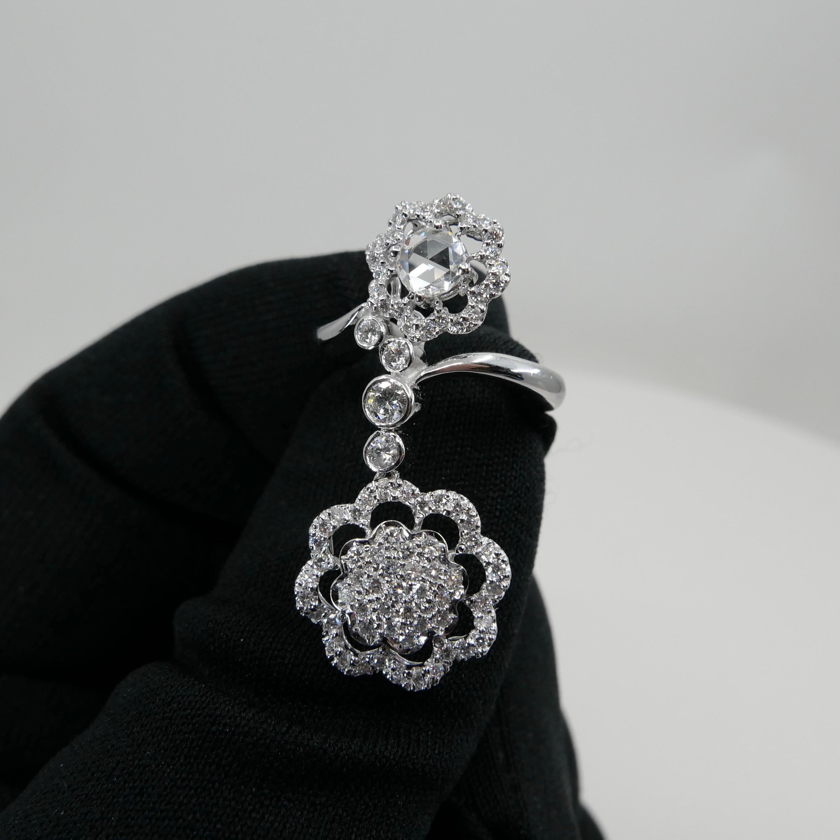 18K White Gold New Rose Cut Diamonds Flower Motif Pendant and Ring Set For Sale 11