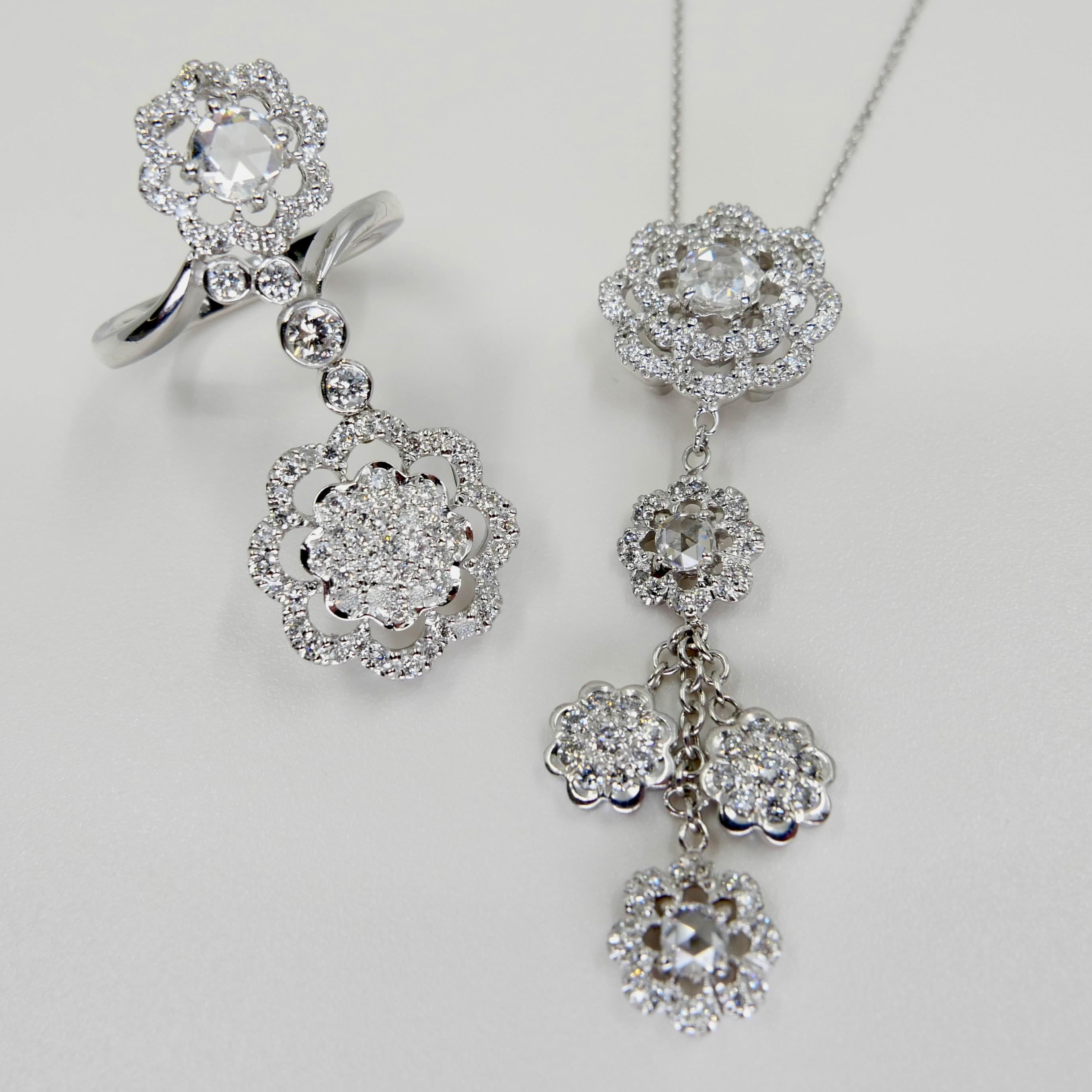 18K White Gold New Rose Cut Diamonds Flower Motif Pendant and Ring Set For Sale 13