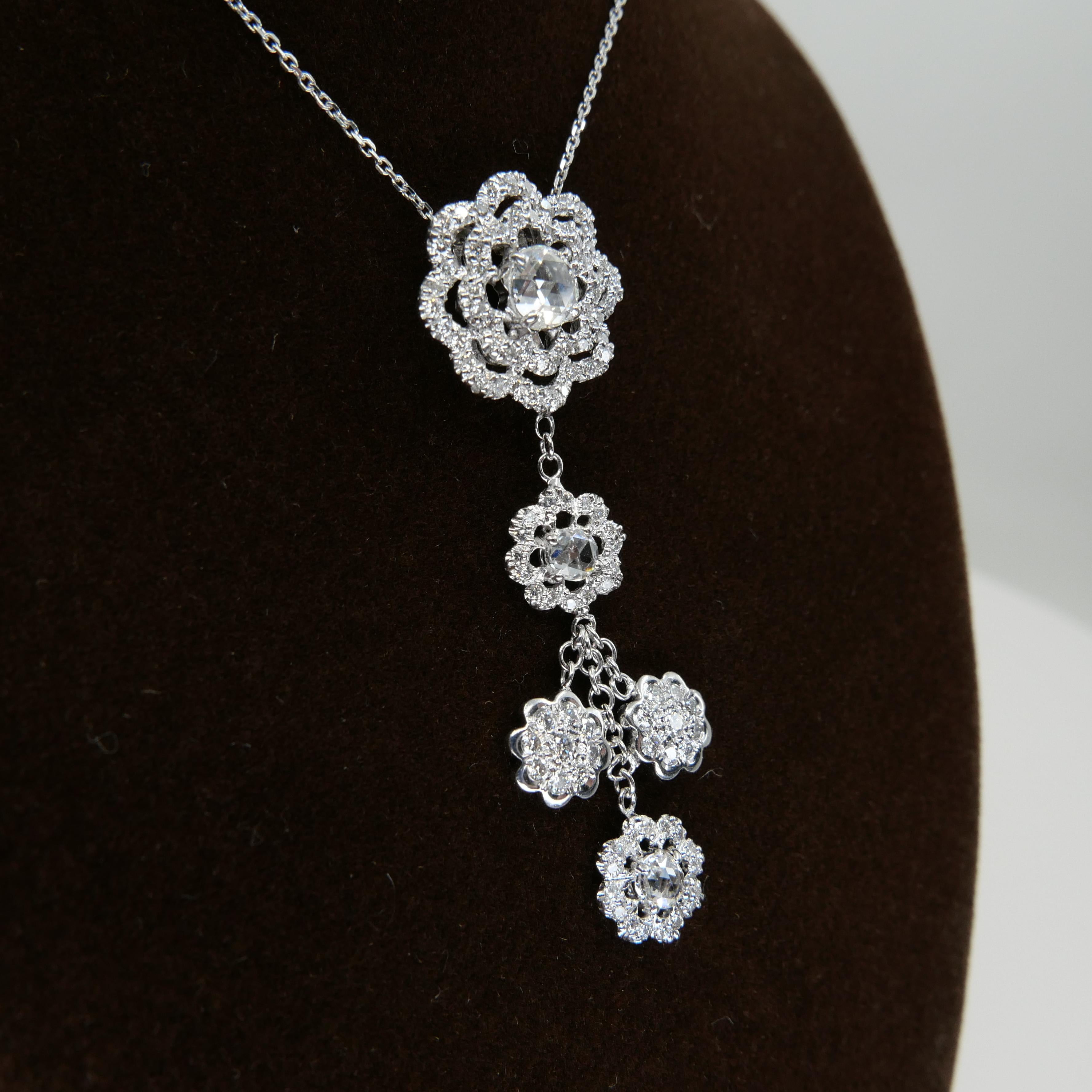 18K White Gold New Rose Cut Diamonds Flower Motif Pendant and Ring Set For Sale 14