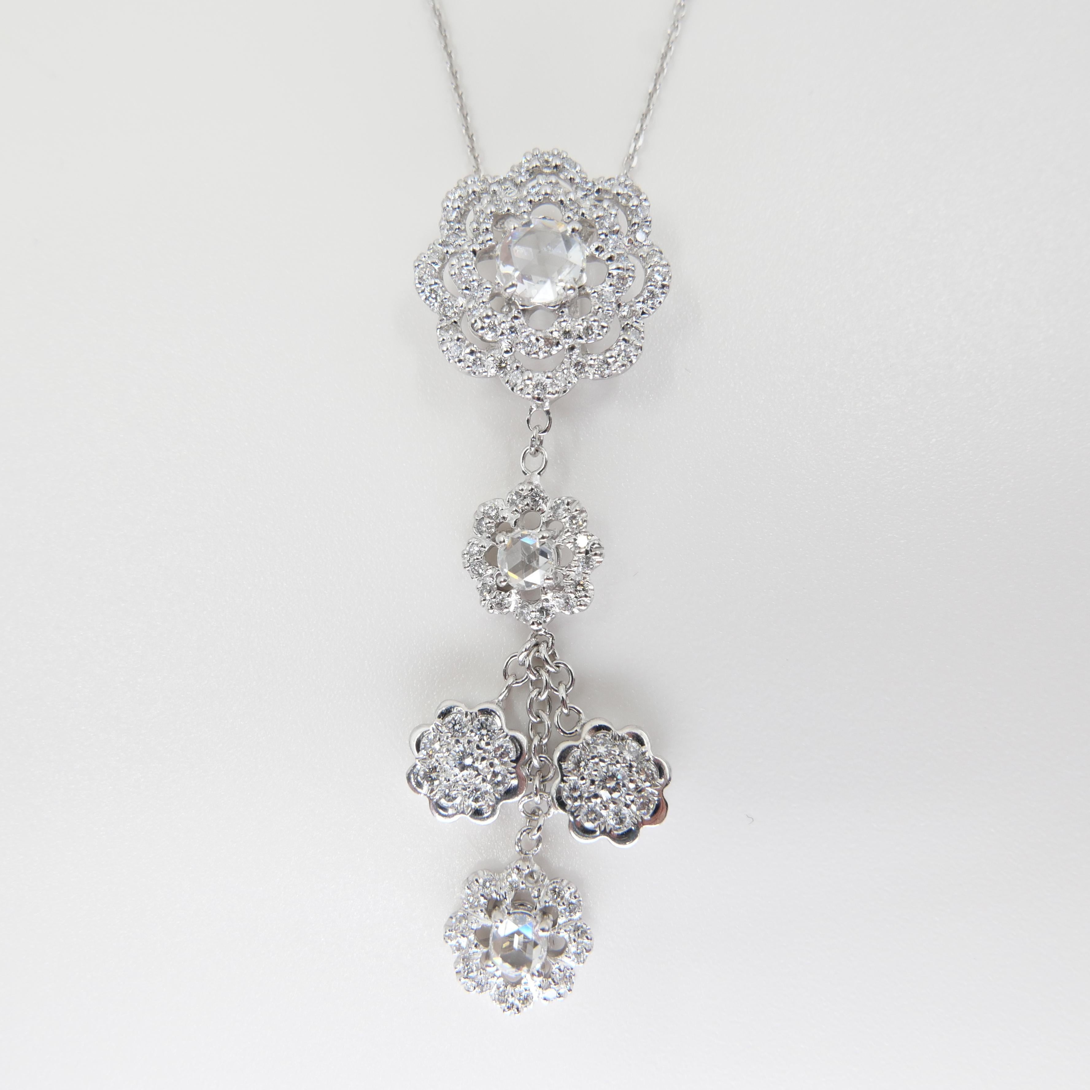 18K White Gold New Rose Cut Diamonds Flower Motif Pendant and Ring Set For Sale 15