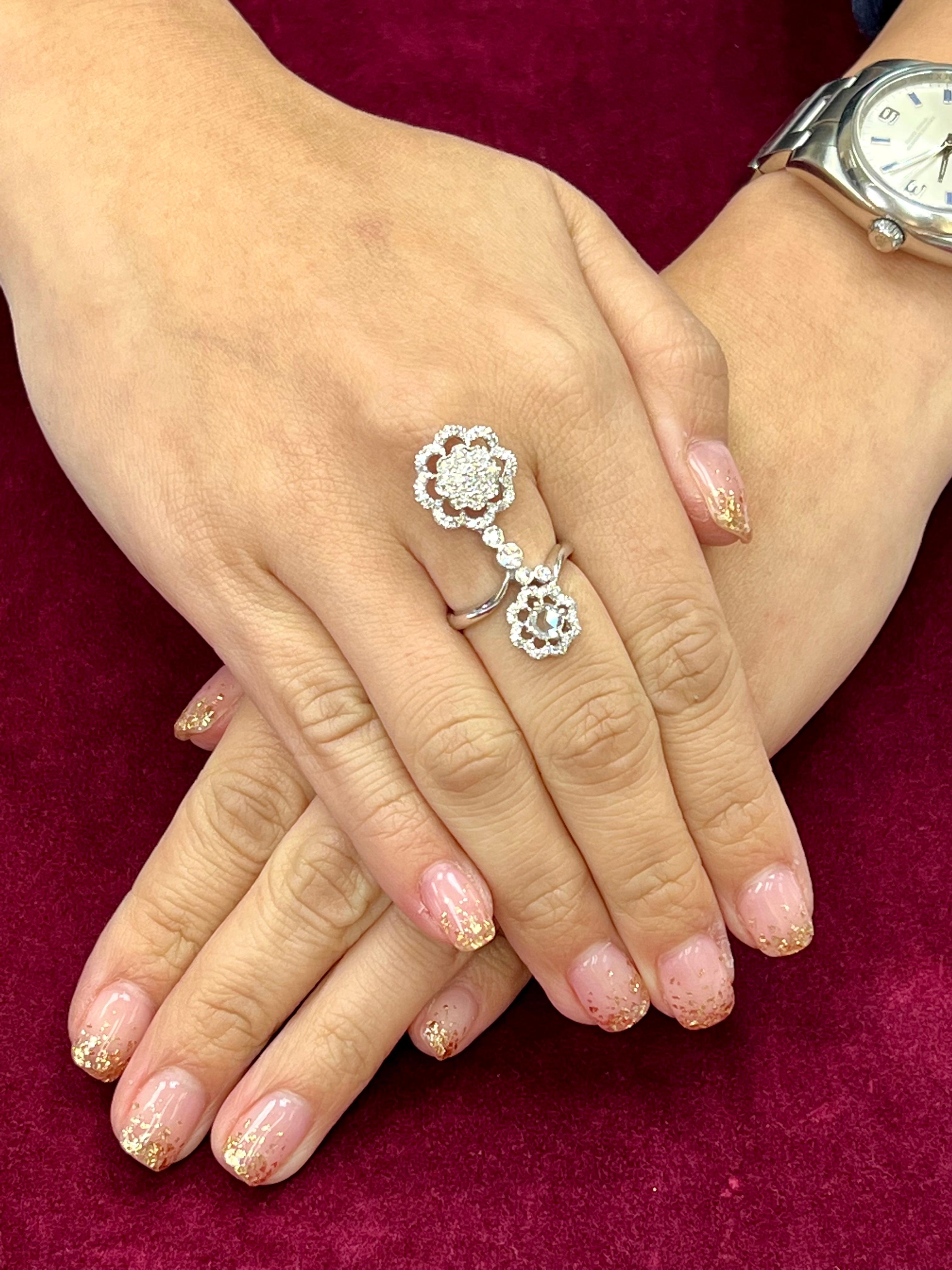 Women's 18K White Gold New Rose Cut Diamonds Flower Motif Pendant and Ring Set For Sale