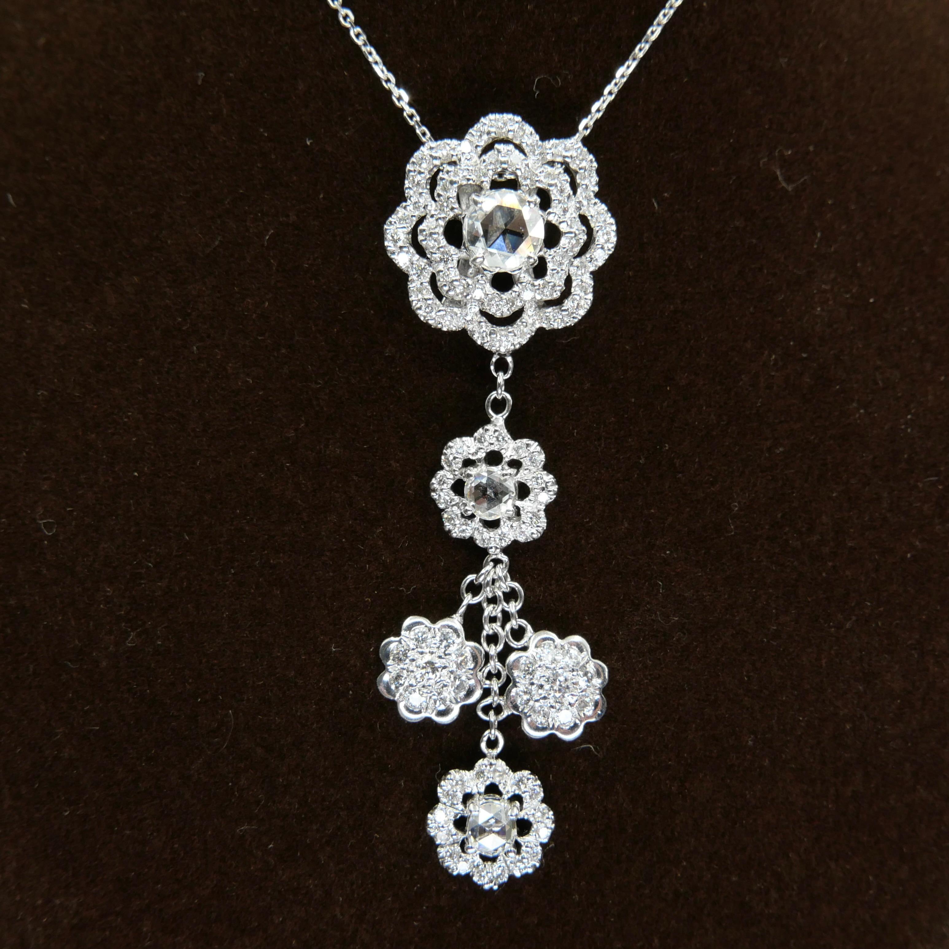 18K White Gold New Rose Cut Diamonds Flower Motif Pendant and Ring Set In New Condition For Sale In Hong Kong, HK