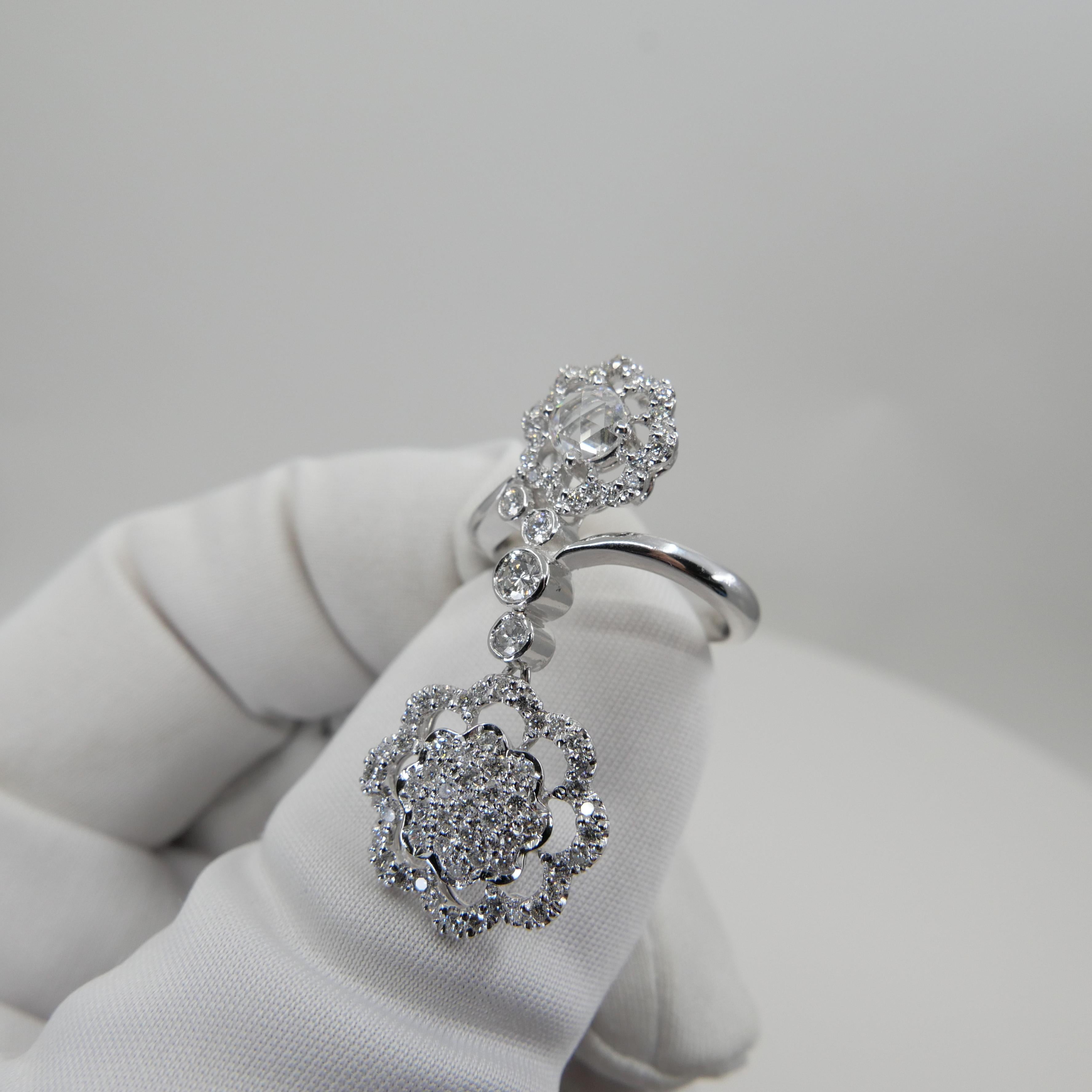 18K White Gold New Rose Cut Diamonds Flower Motif Pendant and Ring Set For Sale 1