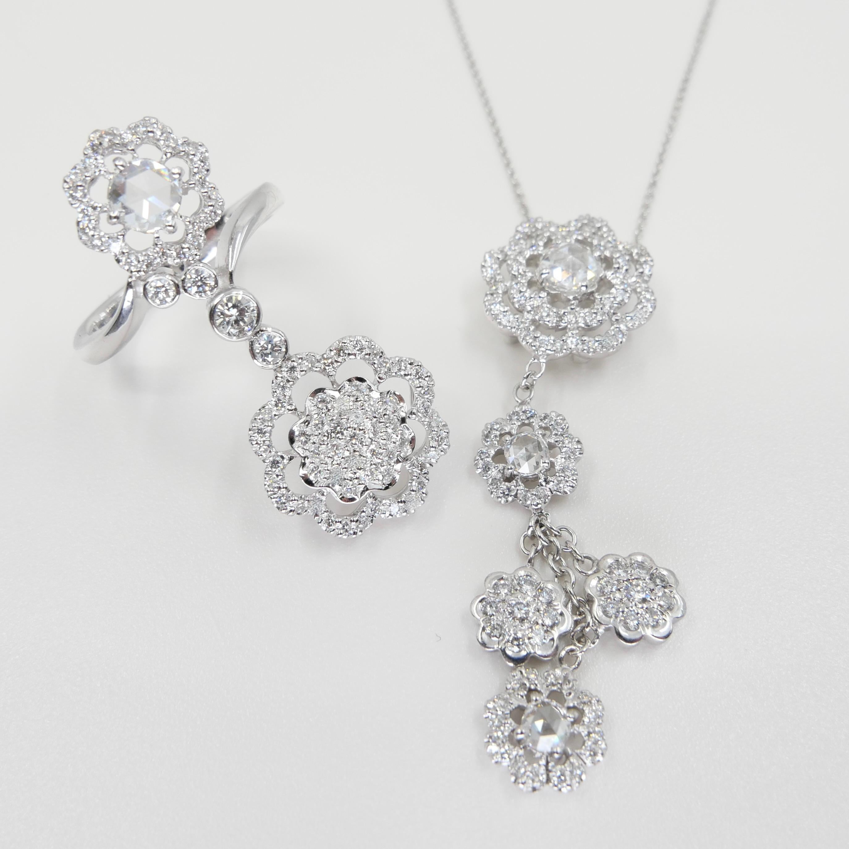 18K White Gold New Rose Cut Diamonds Flower Motif Pendant and Ring Set For Sale 2