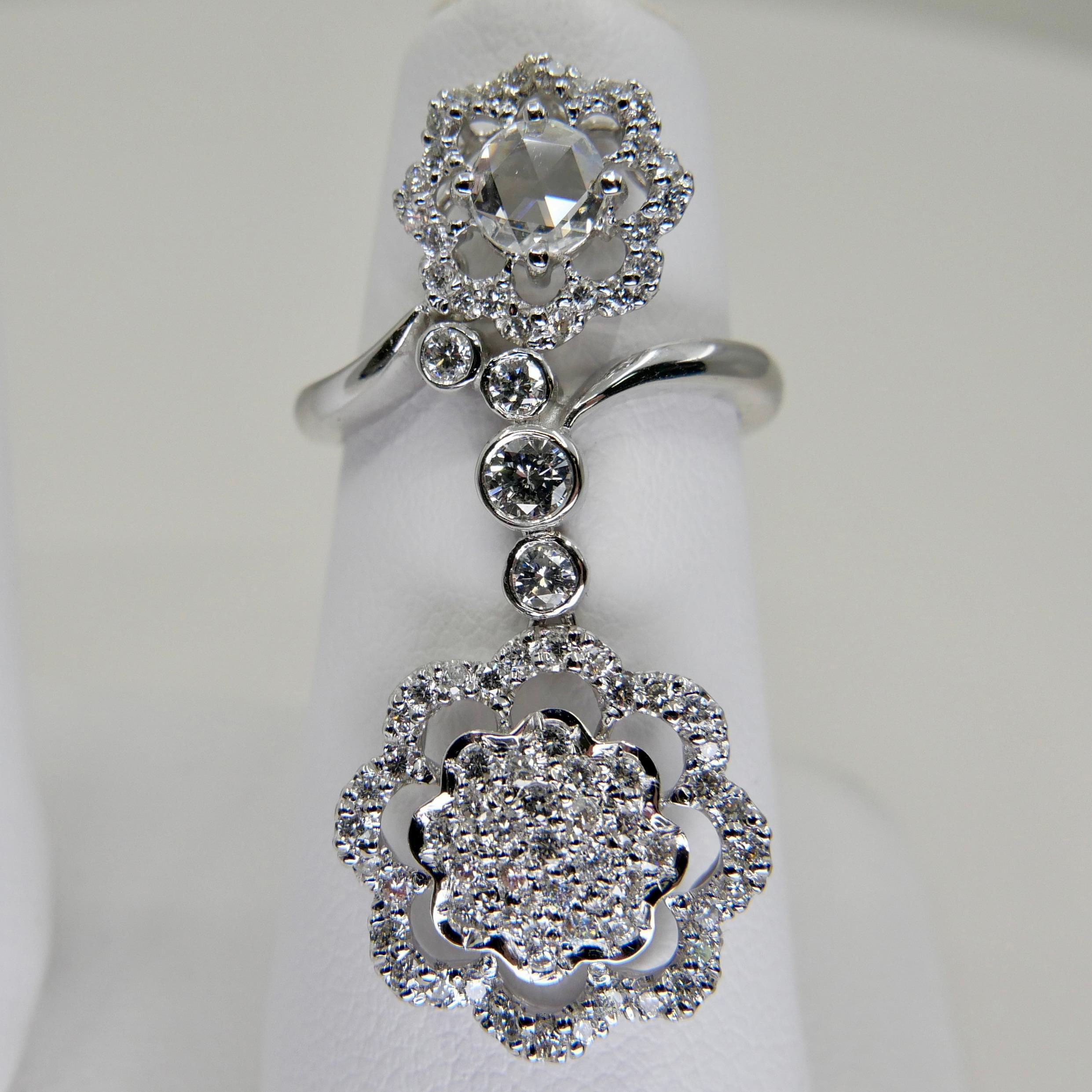 18K White Gold New Rose Cut Diamonds Flower Motif Pendant and Ring Set For Sale 3