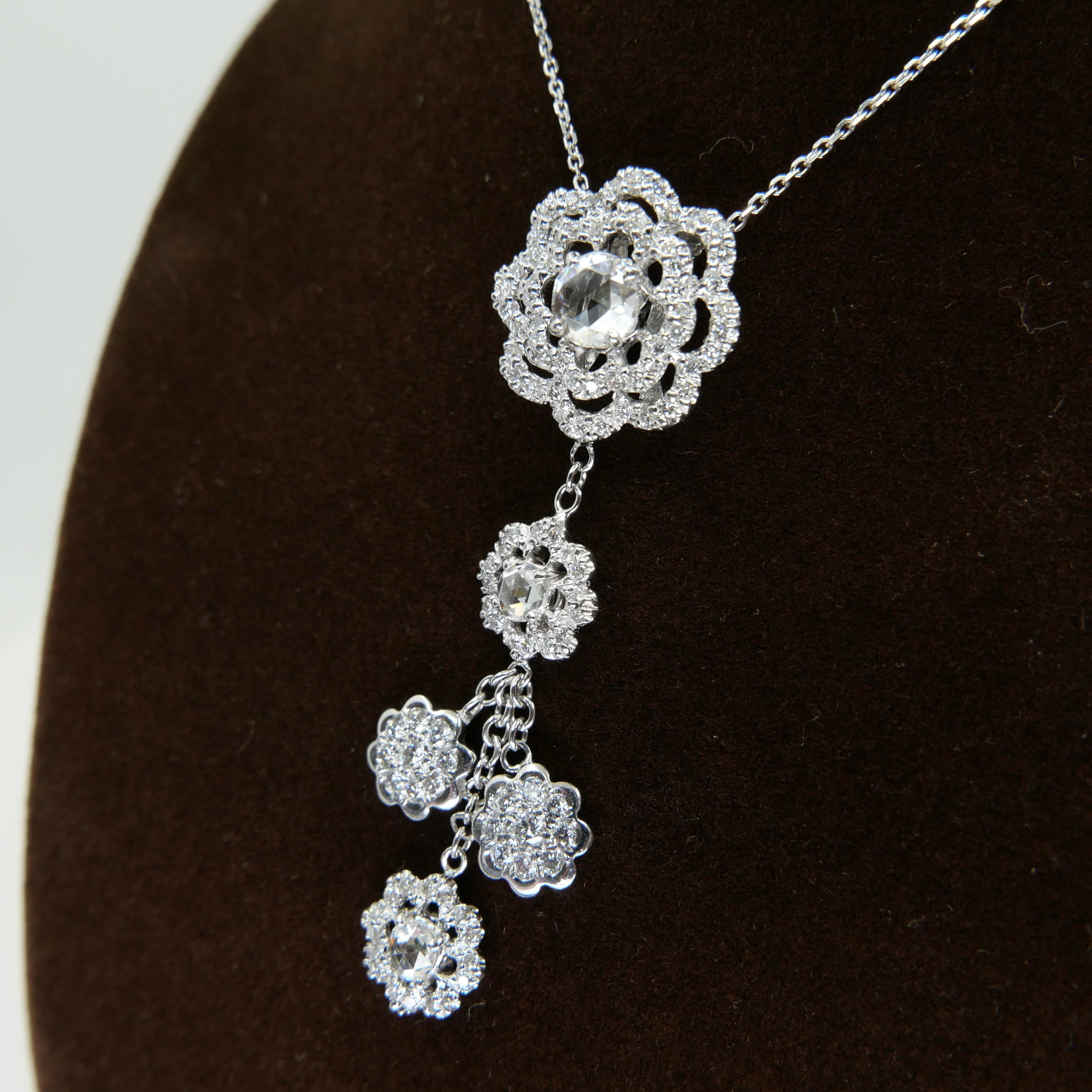 18K White Gold New Rose Cut Diamonds Flower Motif Pendant and Ring Set For Sale 4