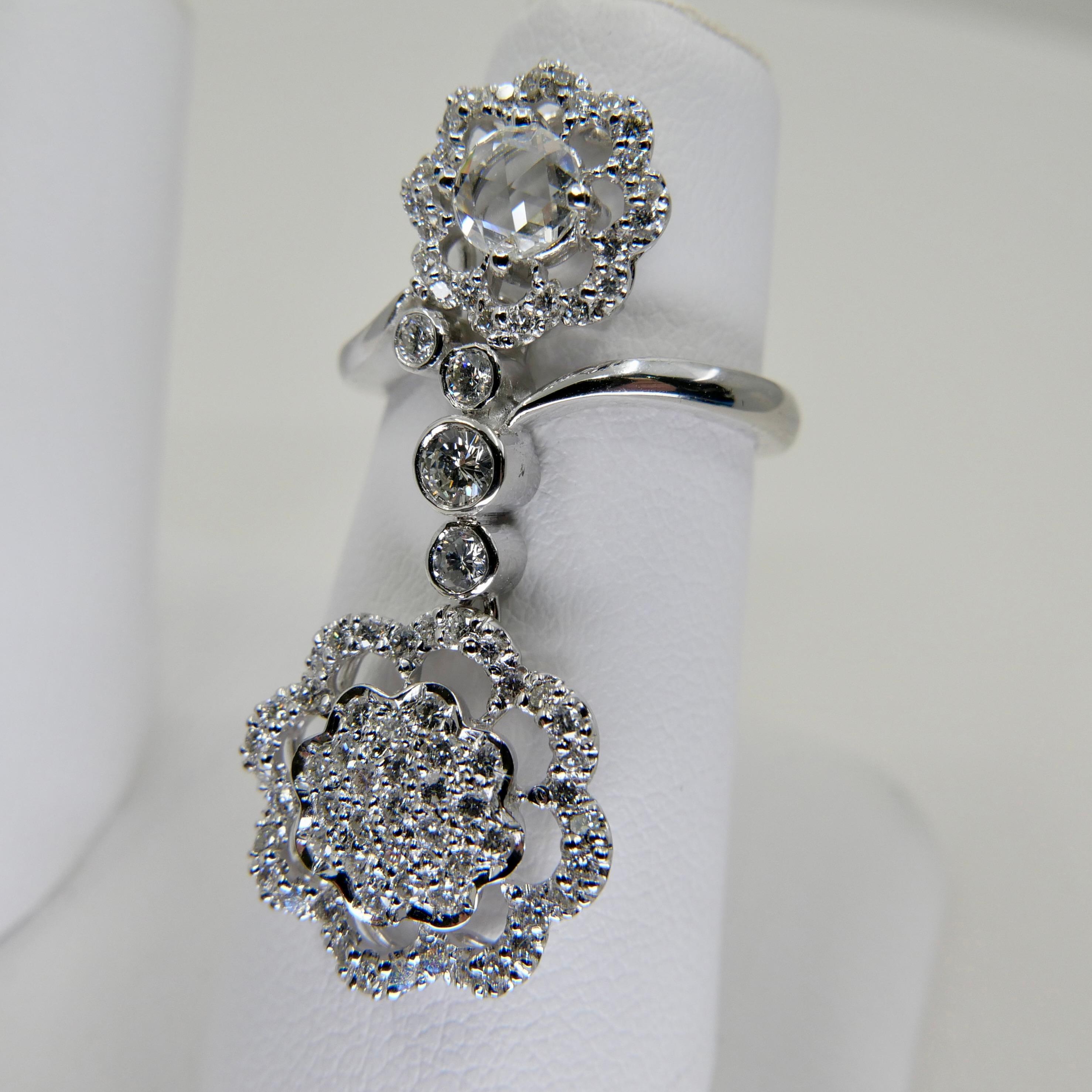 18K White Gold New Rose Cut Diamonds Flower Motif Pendant and Ring Set For Sale 5