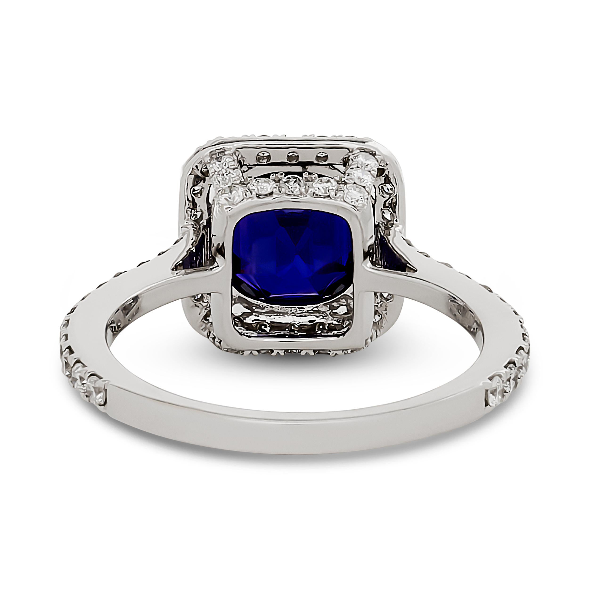Cushion Cut 18K White Gold No Heat Color Change Sapphire and Diamond Halo and Pave Band Ring For Sale