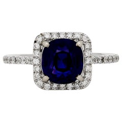 18K White Gold No Heat Color Change Sapphire and Diamond Halo and Pave Band Ring