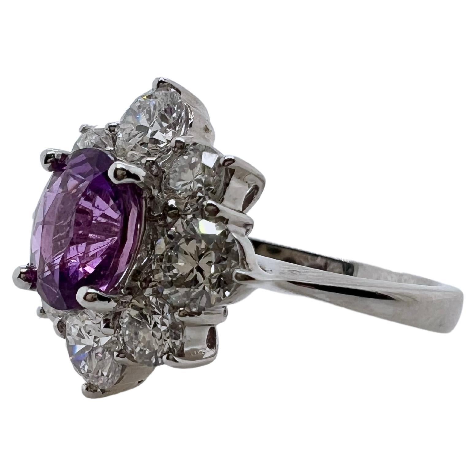 Oval Cut 18k White Gold No Heat GIA Certified Purple Sapphire Ring with Diamonds For Sale