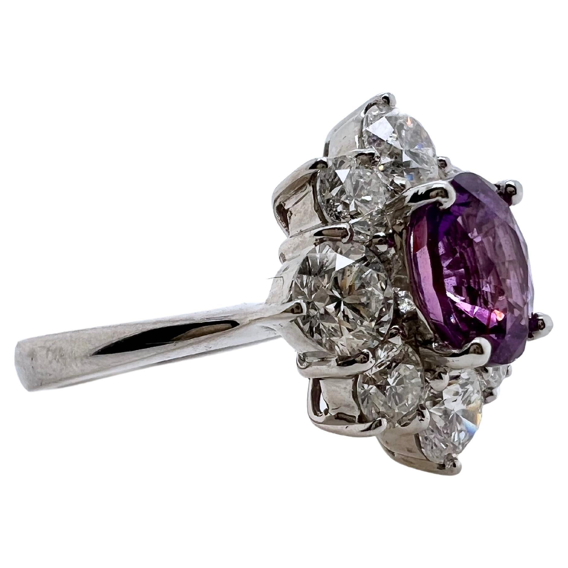 18k White Gold No Heat GIA Certified Purple Sapphire Ring with Diamonds In New Condition For Sale In Carrollton, TX