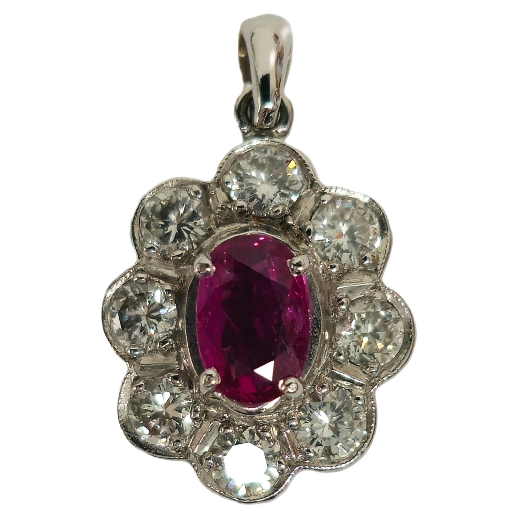 18K White Gold, No Heat Ruby and White Diamond Pendant