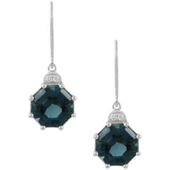 18K White Gold Octagon Lever Back Dangle Earrings w/London Blue Topaz & Diamonds