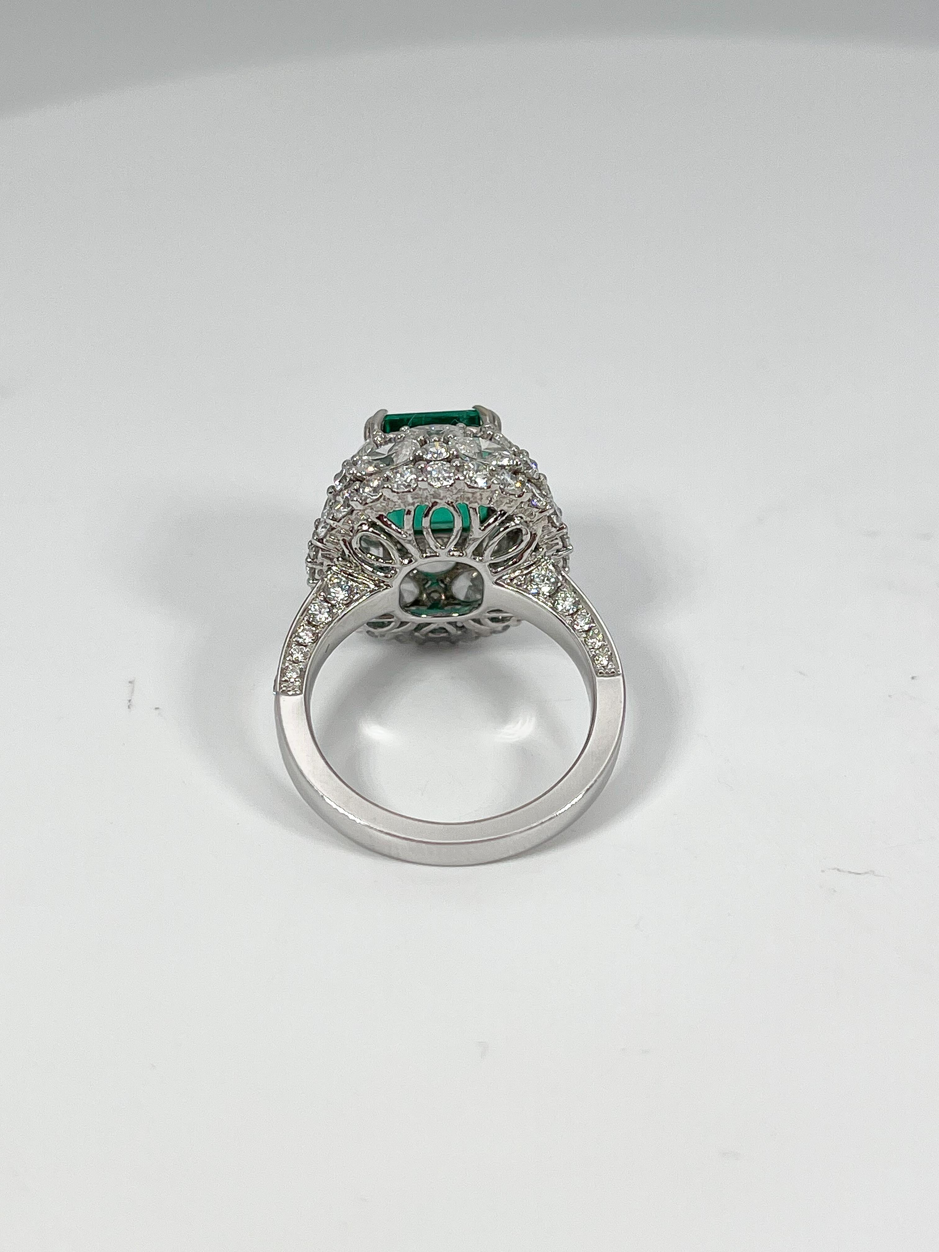 18K White Gold Octagon Step Cut 4.48 CT Emerald and Diamond Ring In Good Condition For Sale In Stuart, FL