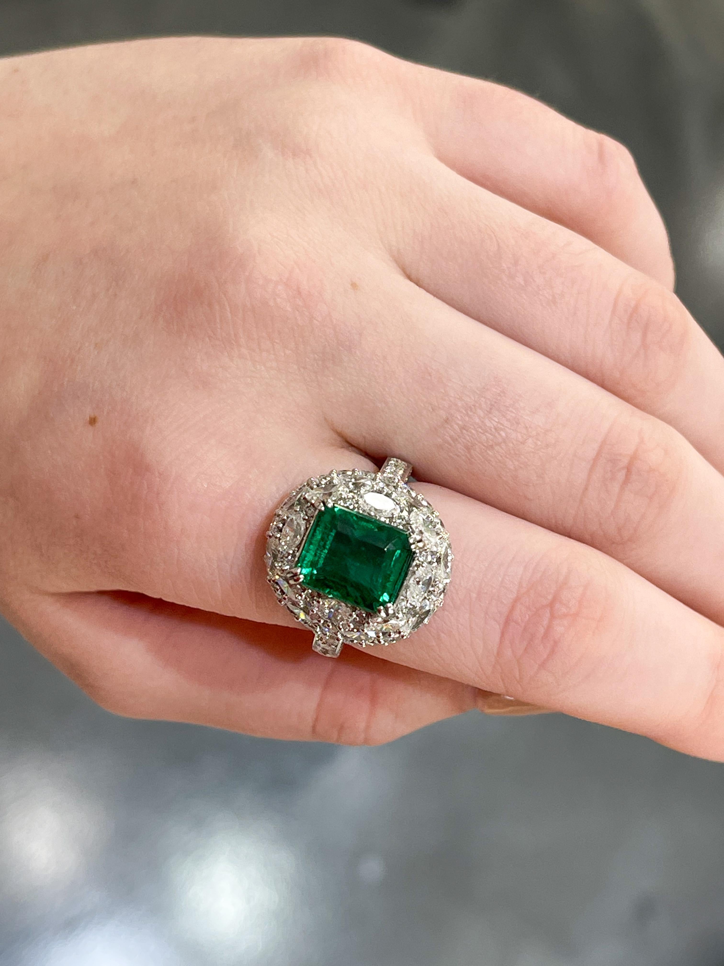 Women's 18K White Gold Octagon Step Cut 4.48 CT Emerald and Diamond Ring For Sale