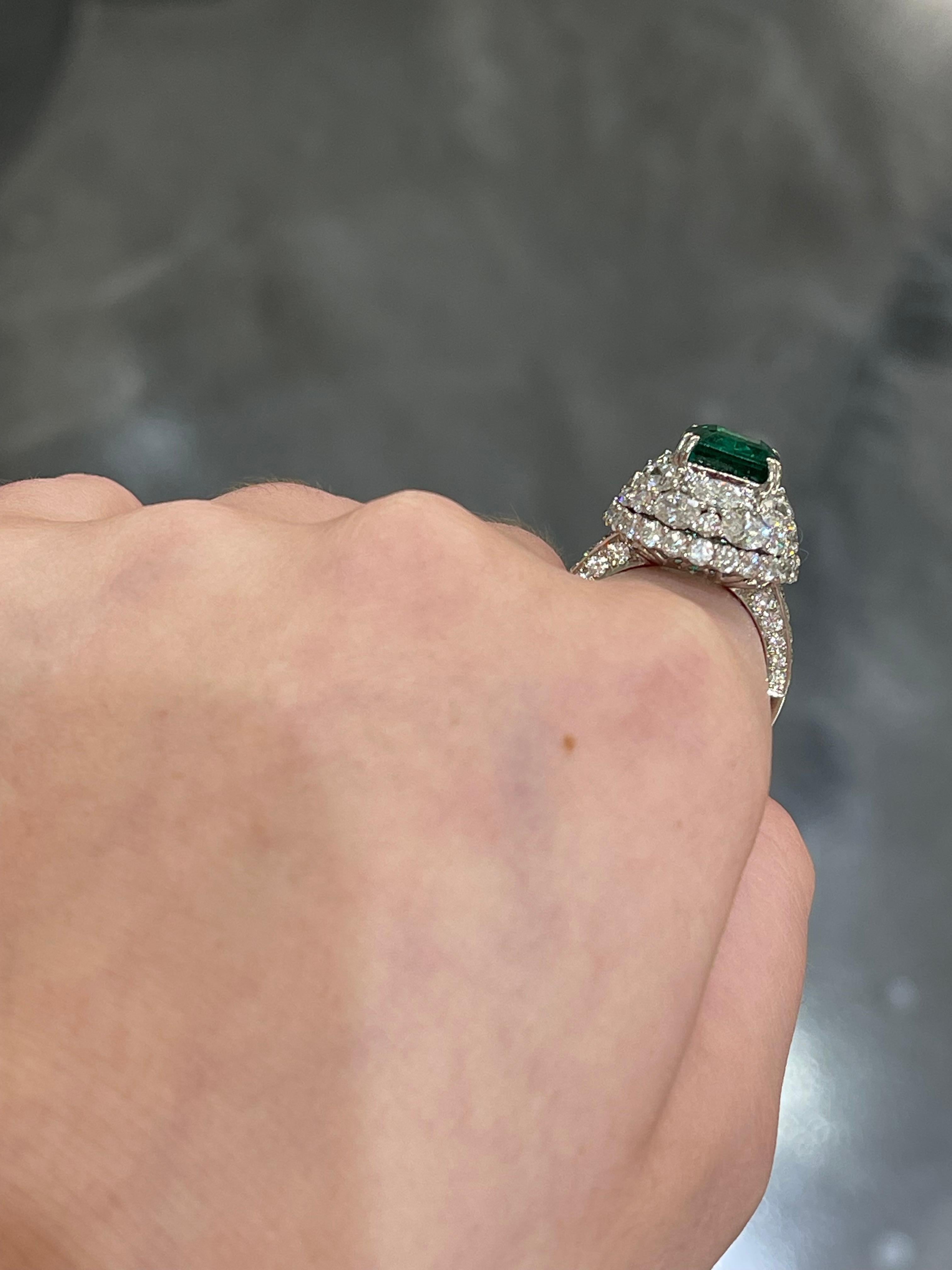 18K White Gold Octagon Step Cut 4.48 CT Emerald and Diamond Ring For Sale 1