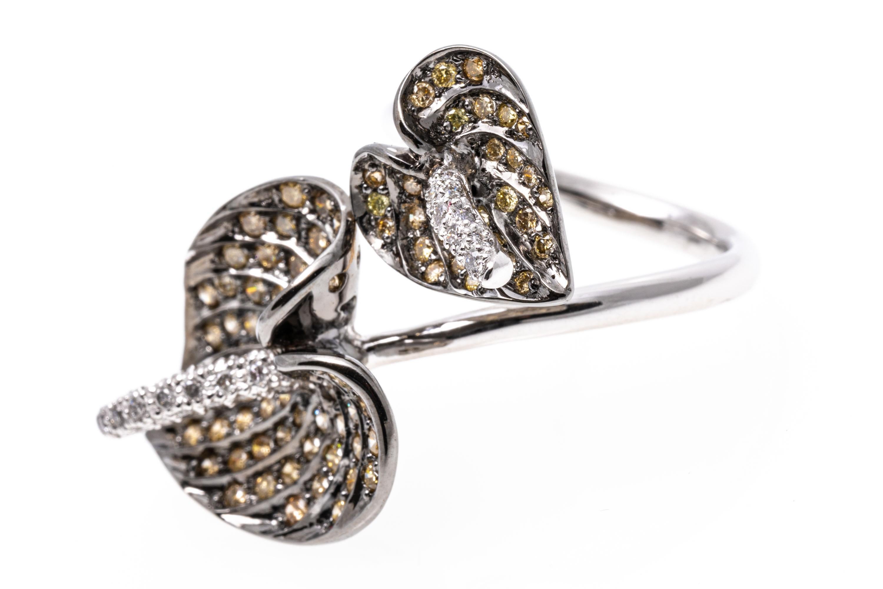 18k White Gold Offset Bypass Pave Set Diamond Twin Anthurium Ring, App. 1.07 TCW In Good Condition For Sale In Southport, CT
