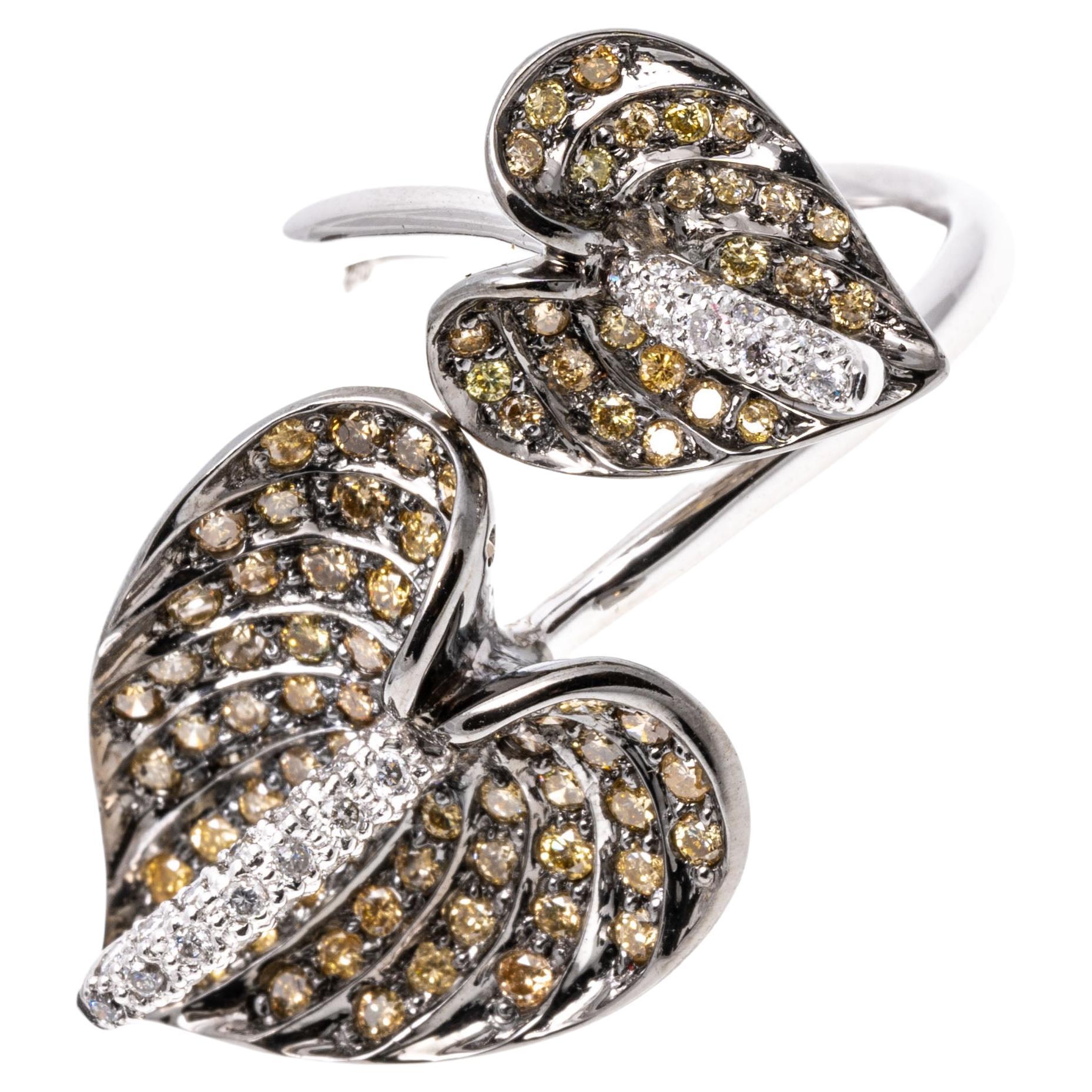 18k White Gold Offset Bypass Pave Set Diamond Twin Anthurium Ring, App. 1.07 TCW For Sale