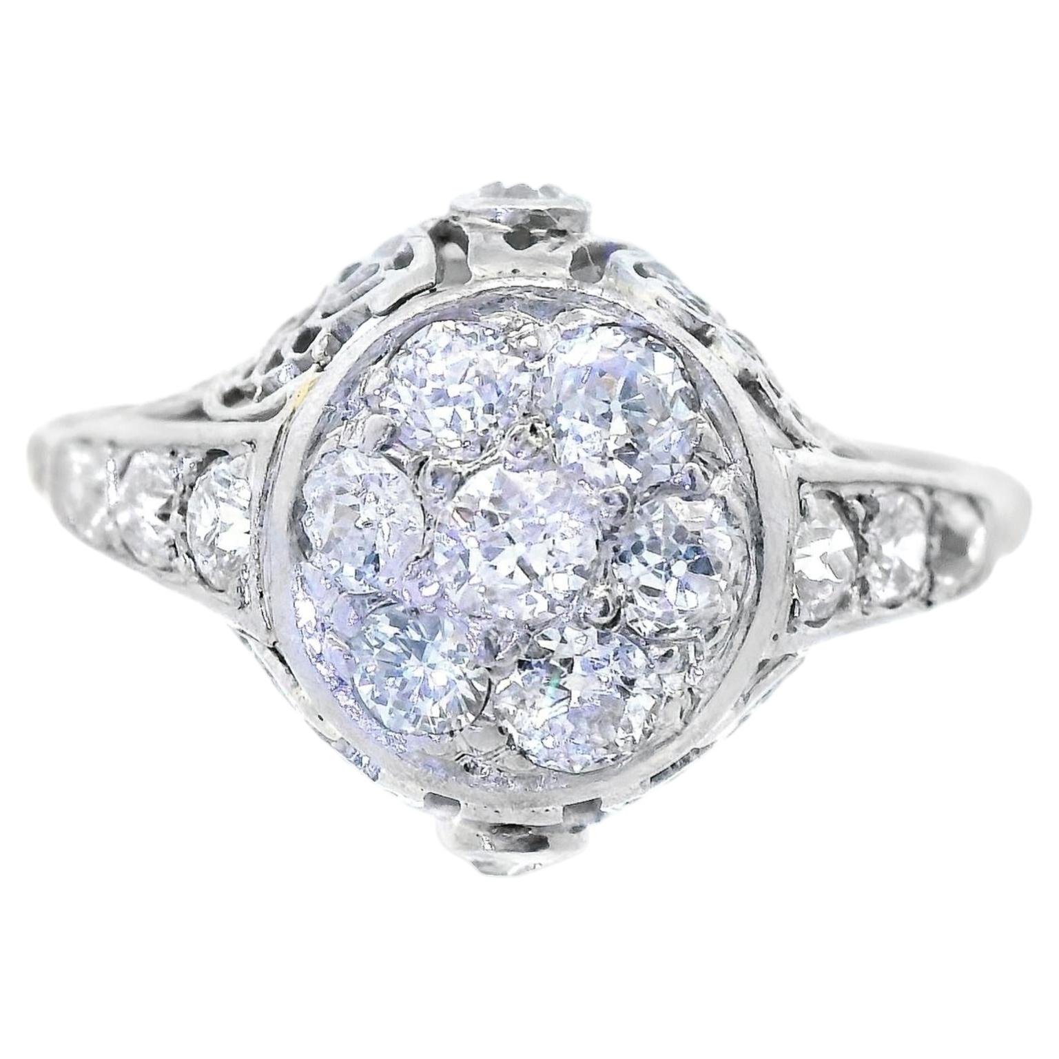 18k White Gold Old European Cut Cluster Diamond Engagement Ring For Sale