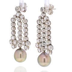 18K White Gold Old Mine Diamond Chandelier and Pearl Earrings