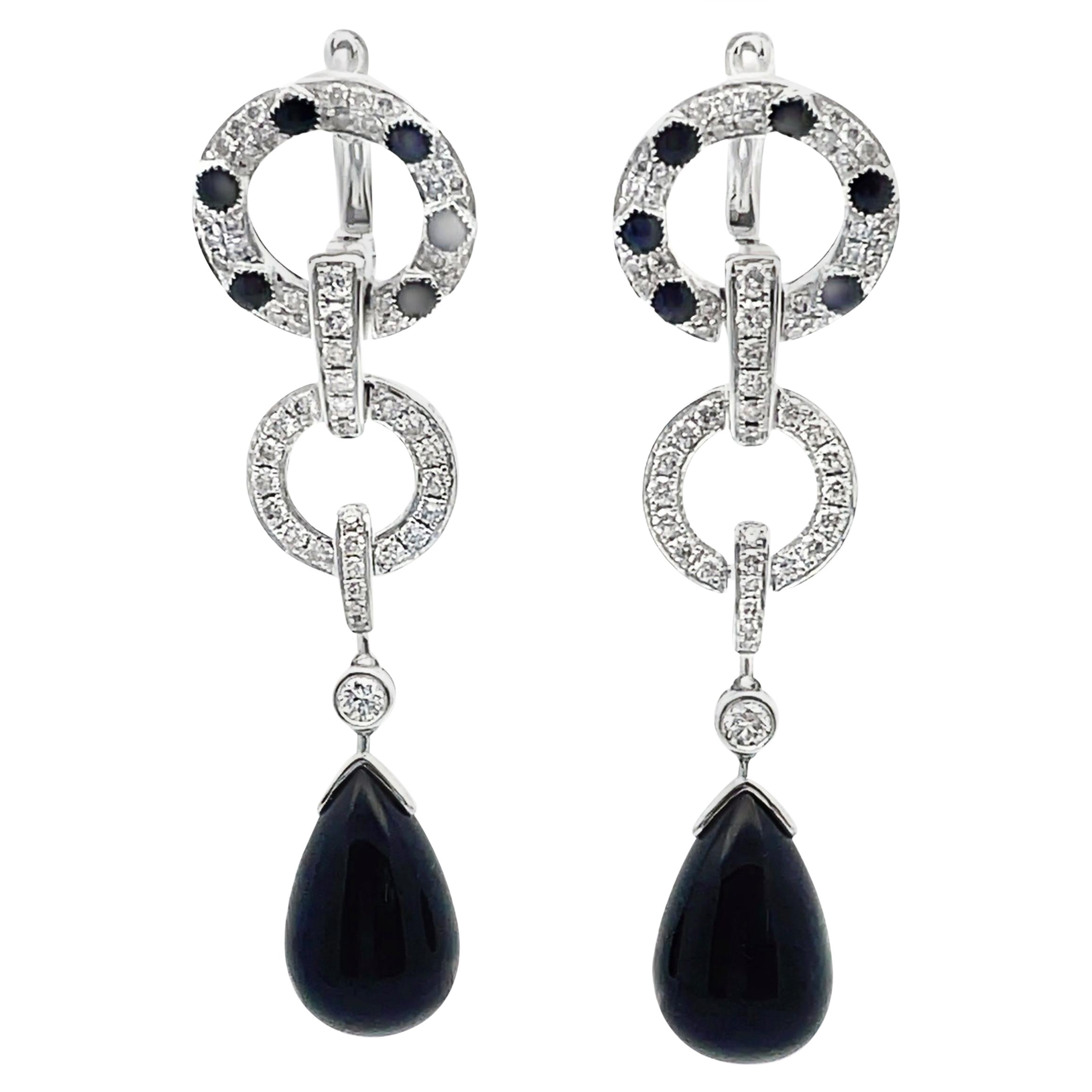 18K White Gold Onyx & 1.35 Carat Diamond Circular Drop Earrings with Leverbacks
