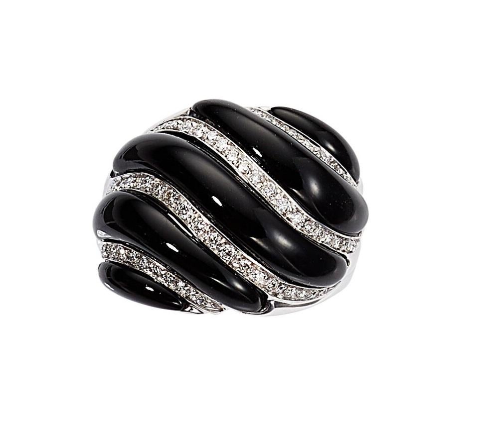 Modern 18k White Gold Onyx and Diamond Banded Plaque Ring Size 7.25 For Sale